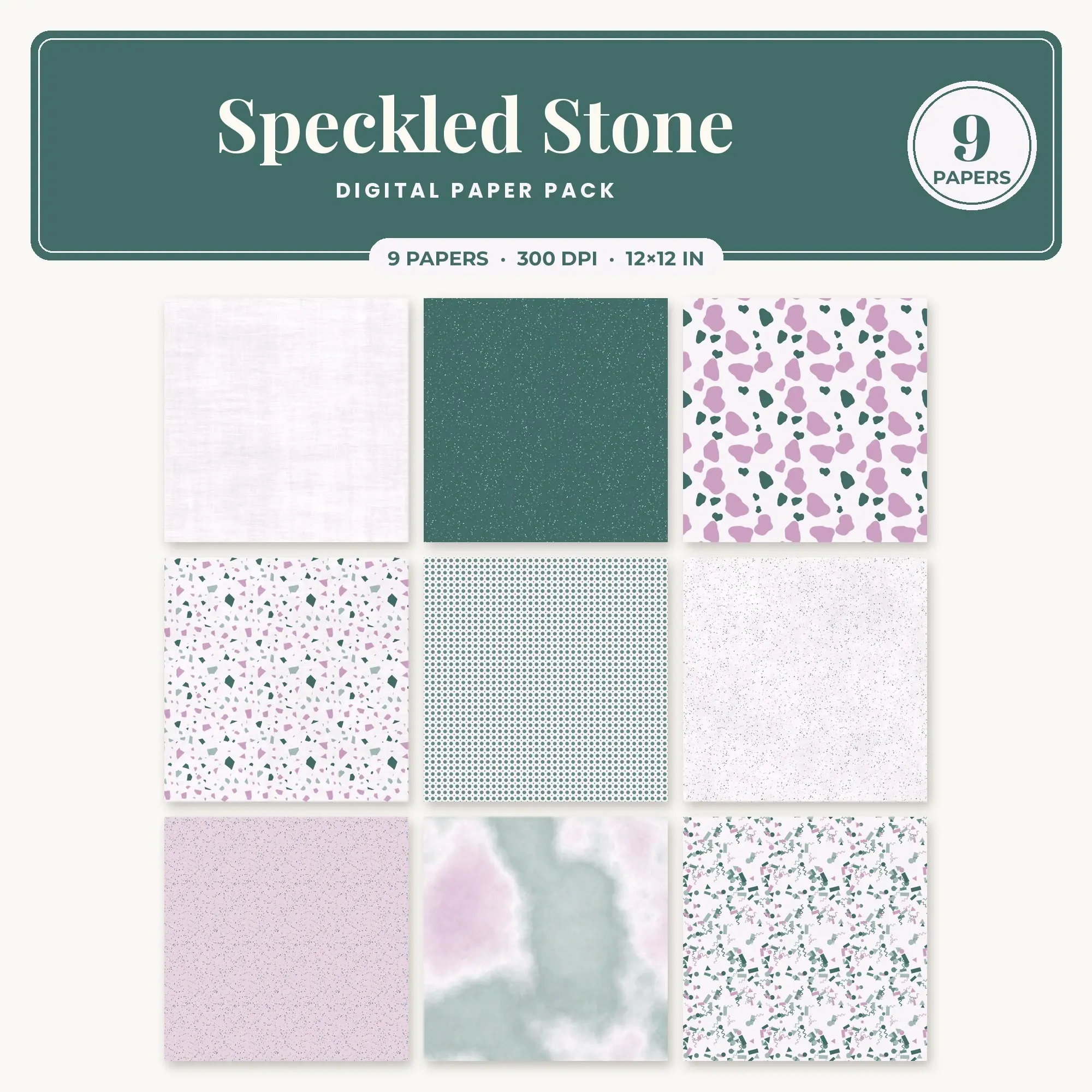 Thistle & Baby Pink Speckled Stone Seamless Digital Paper – 9 Papers, 12x12 JPG preview