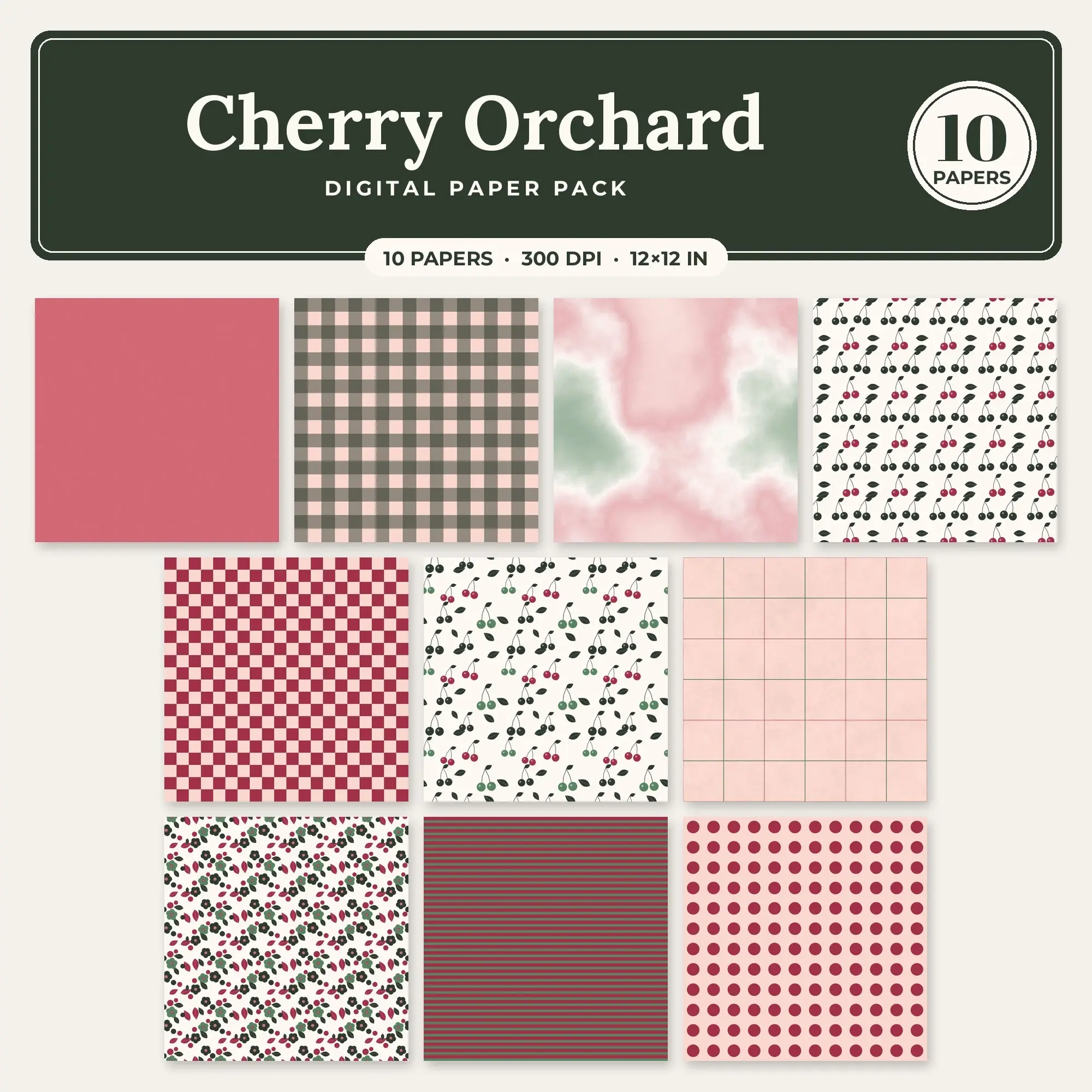 Cherry Orchard Seamless Pattern Papers in Blush and Rose – 10 Pack preview