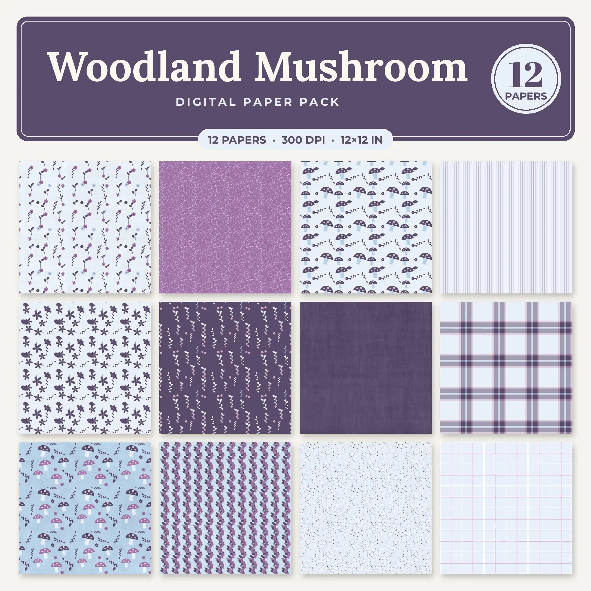 Woodland Mushroom Seamless Pattern Papers in Powder Blue and Thistle – 12 Pack preview