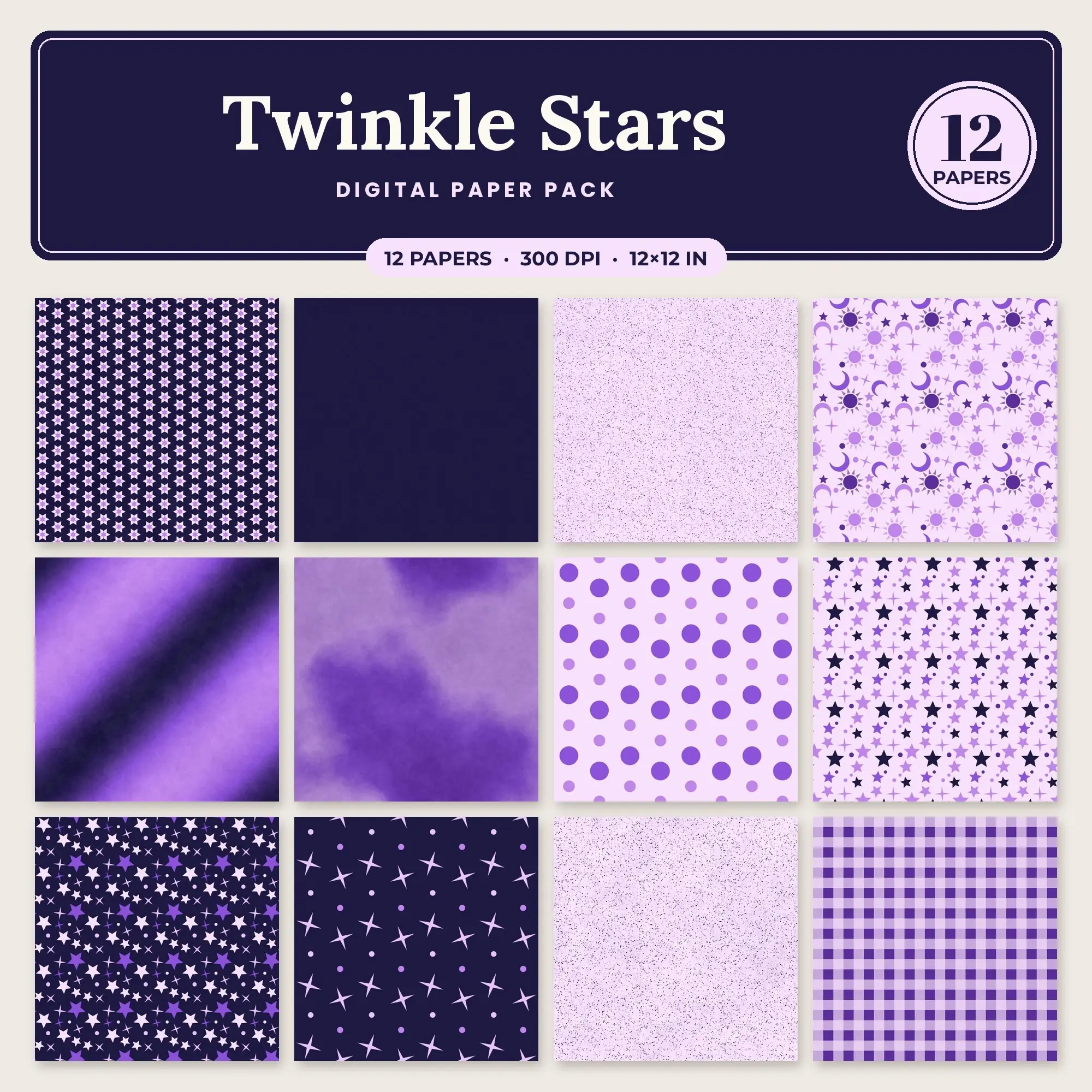 Cobalt & Orchid Twinkle Stars Digital Paper Pack – 12 Seamless Patterns preview