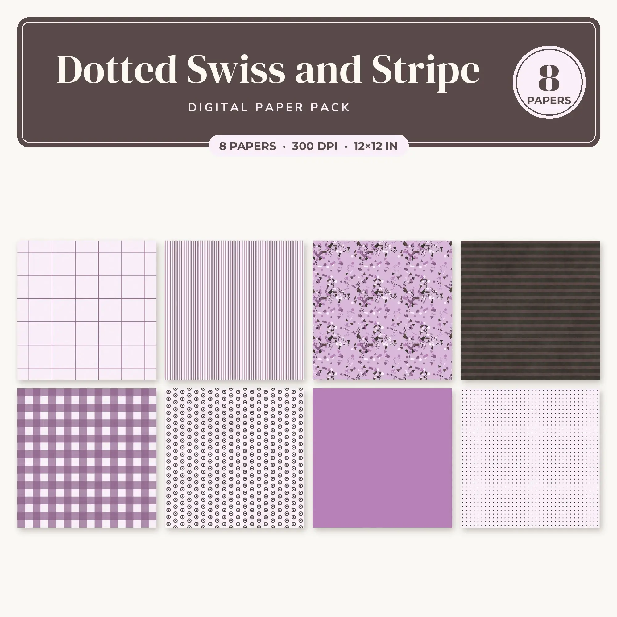 Wisteria Dotted Swiss and Stripe Seamless Digital Paper Pack, 8 Papers 12x12 preview