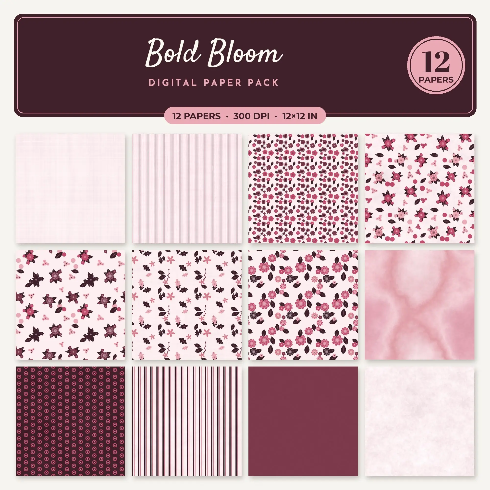 Raspberry Bold Bloom Seamless Digital Paper Pack, 12 Papers 12x12 preview