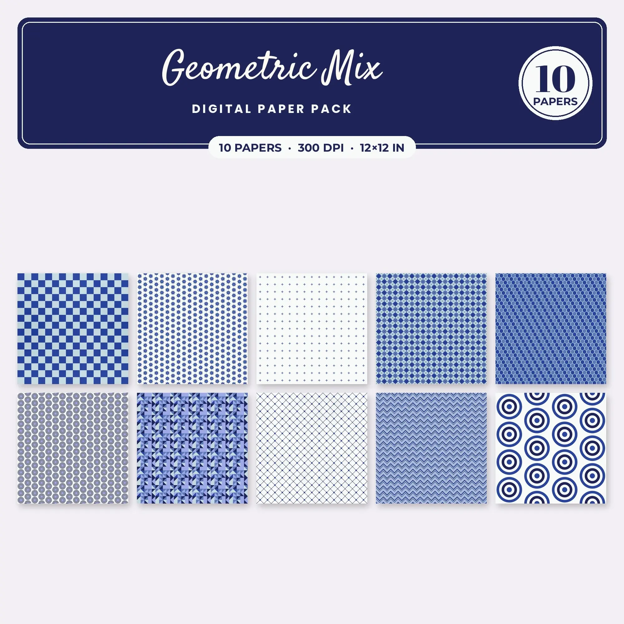Royal Blue & Periwinkle Geometric Mix Digital Paper Pack – 10 Seamless Patterns preview