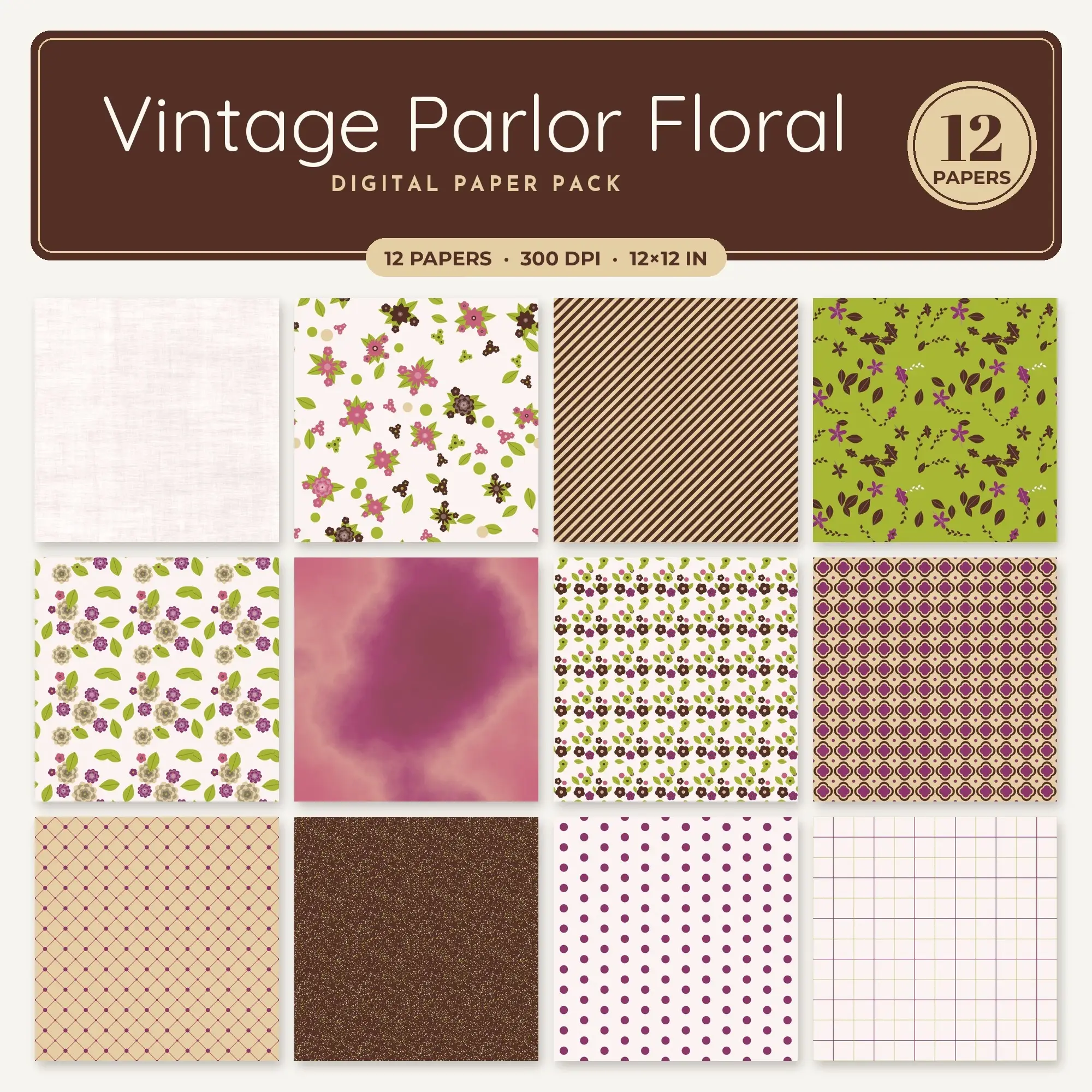 Lime & Rose Vintage Parlor Floral Seamless Digital Paper – 12 Papers, 12x12 JPG preview