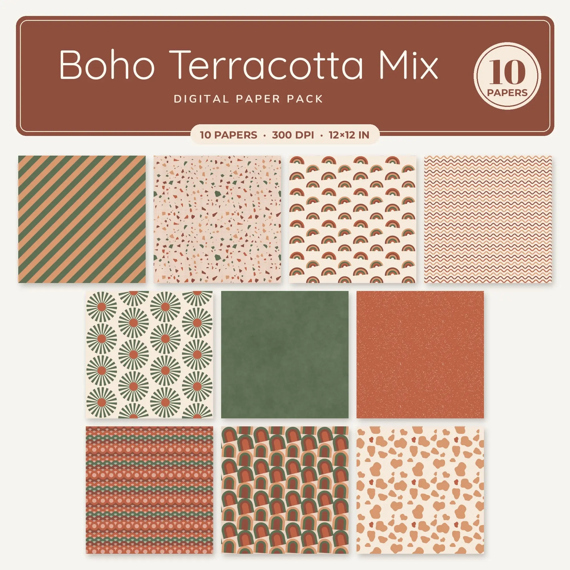 Camel & Terracotta Boho Terracotta Mix Seamless Digital Paper – 10 Papers, 12x12 JPG, preview 1 of 2