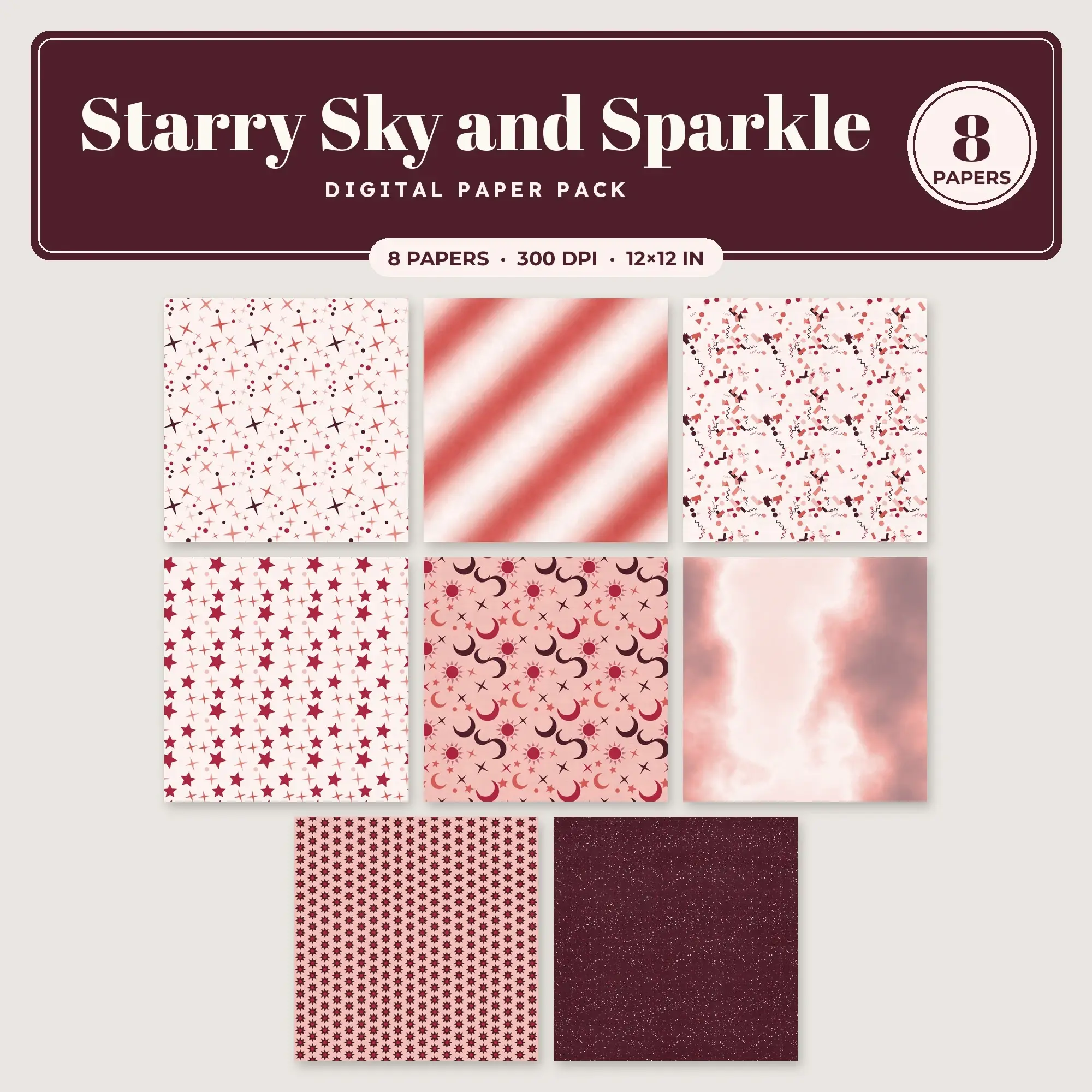 Starry Sky and Sparkle Seamless Pattern Papers in Salmon and Coral – 8 Pack preview