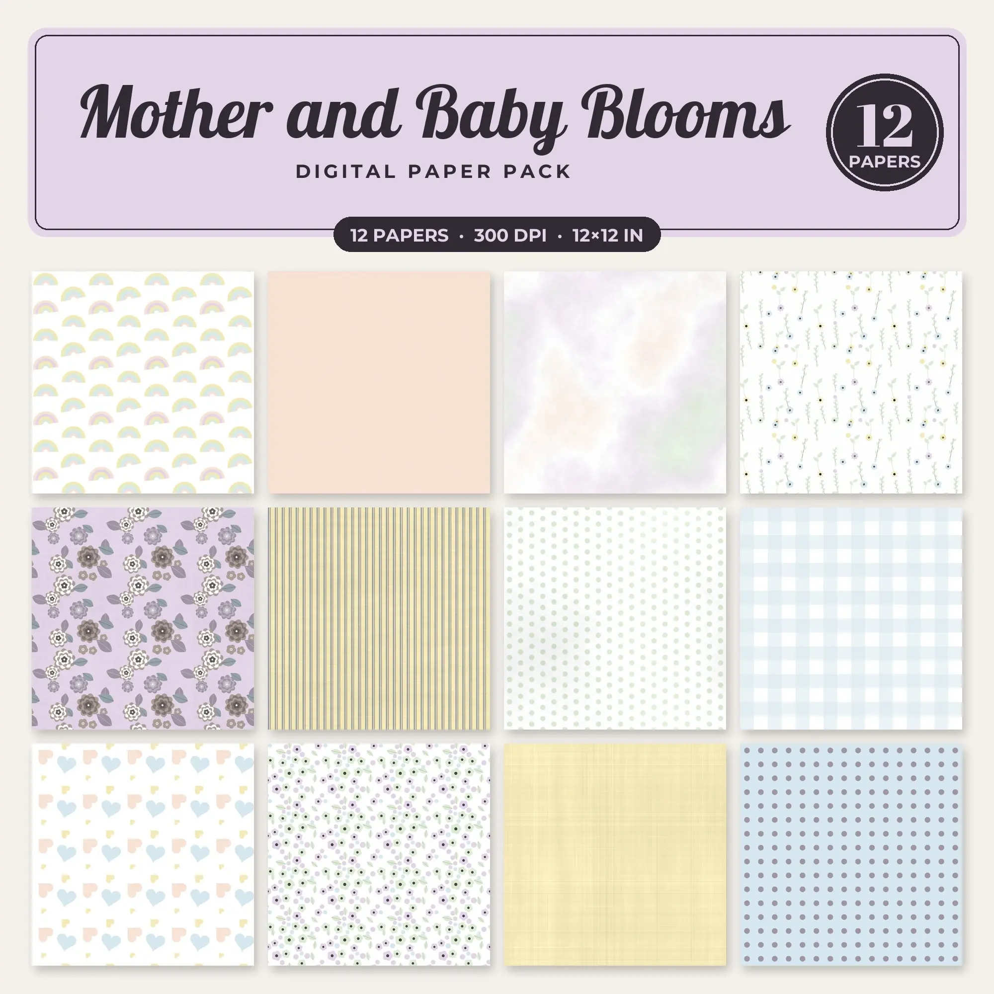 Mother and Baby Blooms Digital Paper – 12 Seamless Baby Pink & Buttercream Patterns preview
