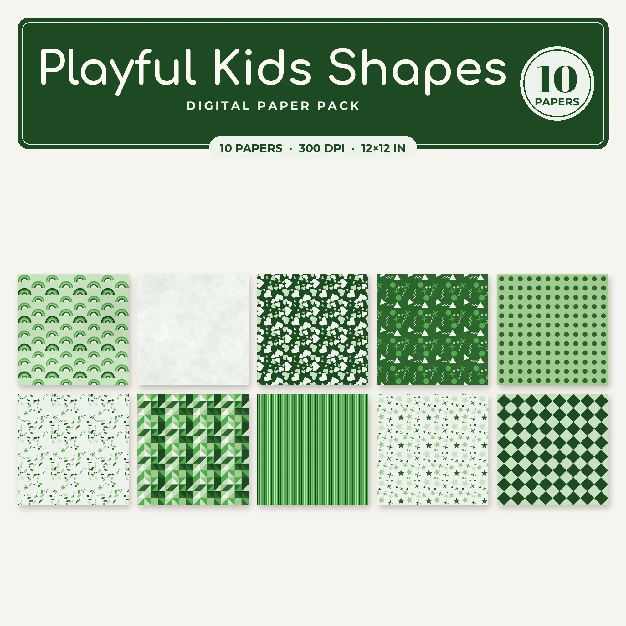 Playful Kids Shapes Digital Paper – 10 Seamless Leaf Green & Pistachio Patterns preview