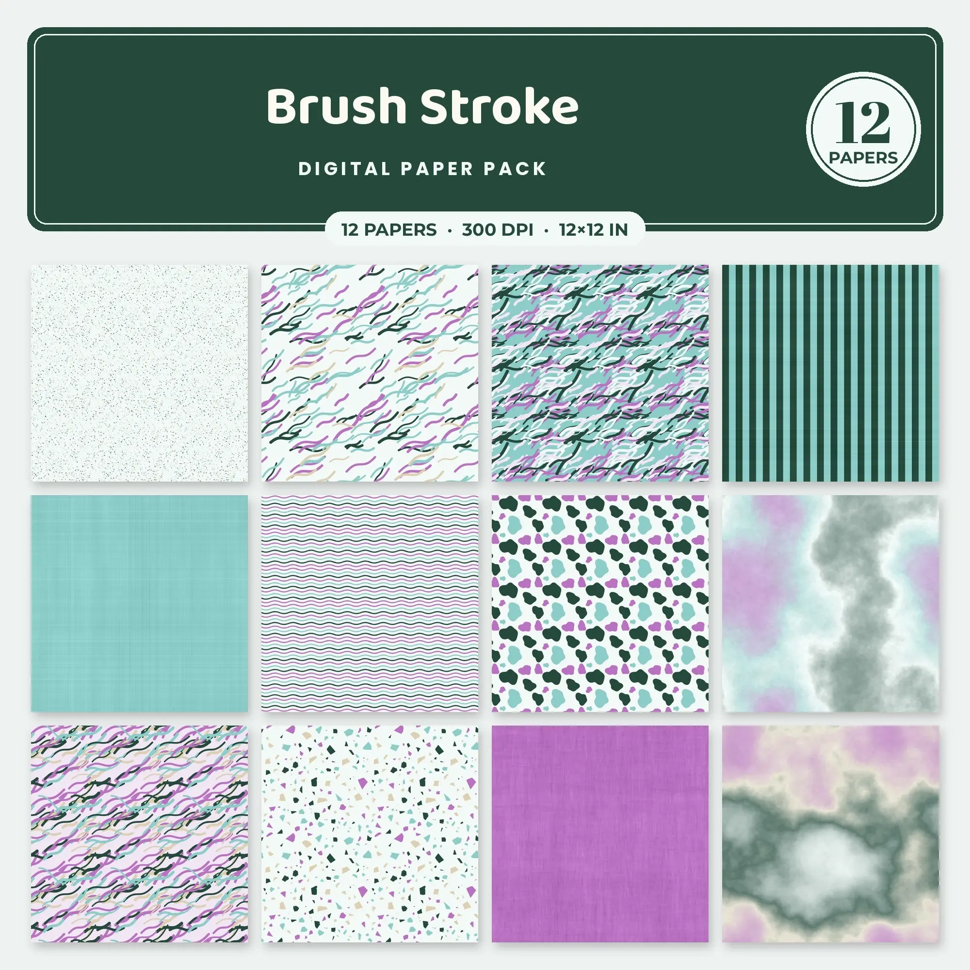 Orchid & Aqua Brush Stroke Seamless Digital Paper – 12 Papers, 12x12 JPG preview