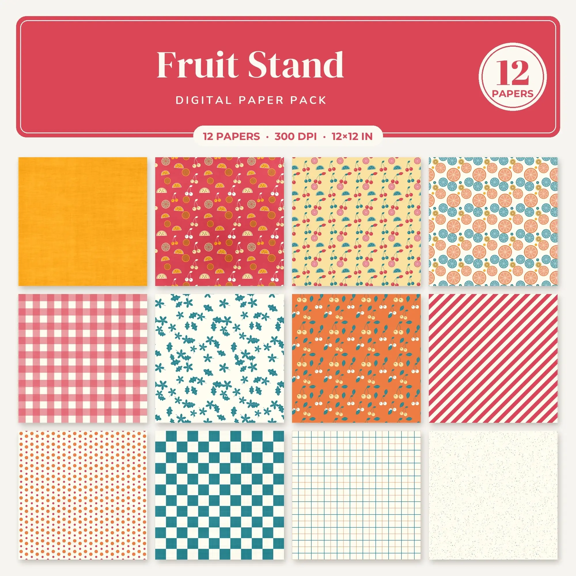 Marigold & Pumpkin Fruit Stand Seamless Digital Paper – 12 Papers, 12x12 JPG, preview 1 of 2