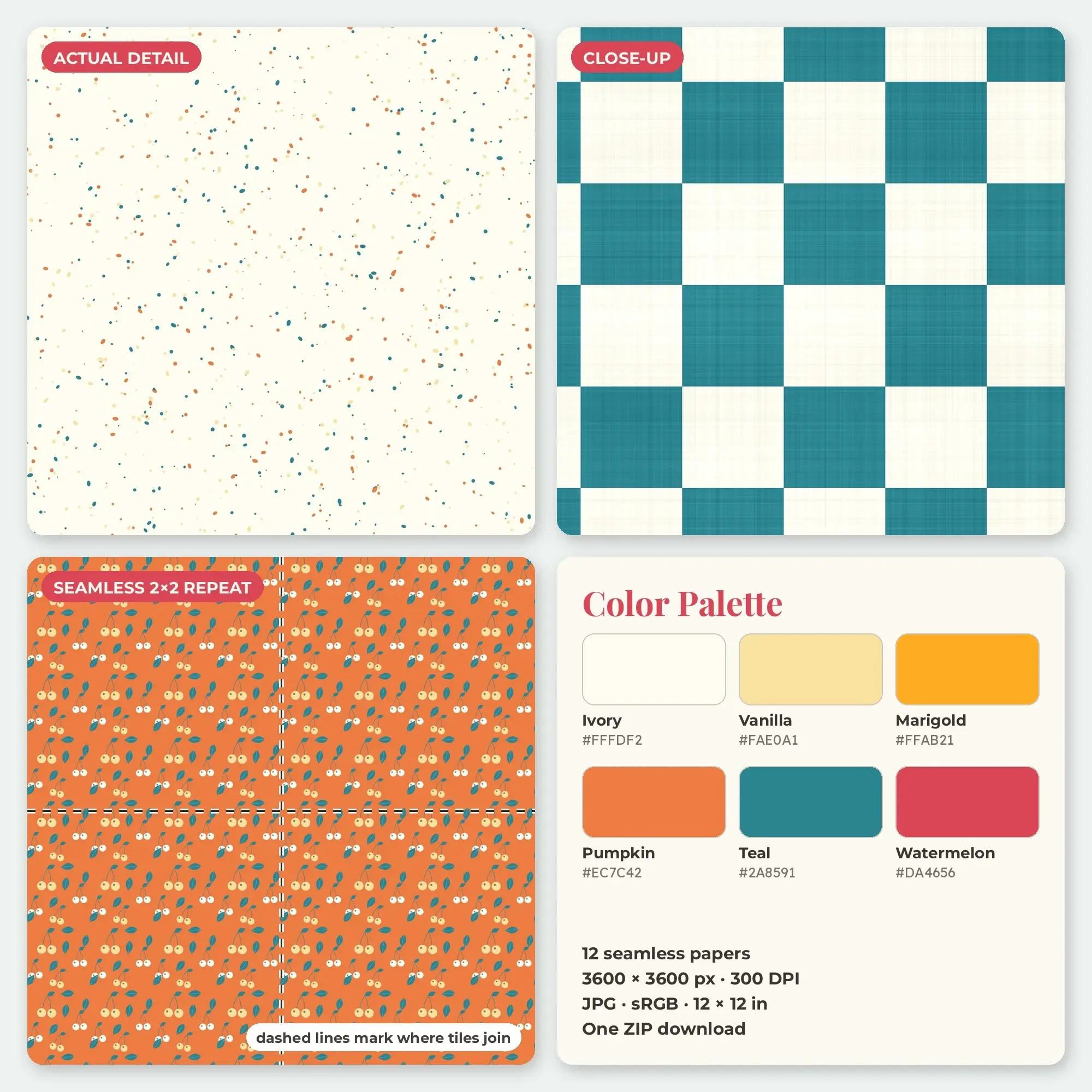 Marigold & Pumpkin Fruit Stand Seamless Digital Paper – 12 Papers, 12x12 JPG, preview 2 of 2