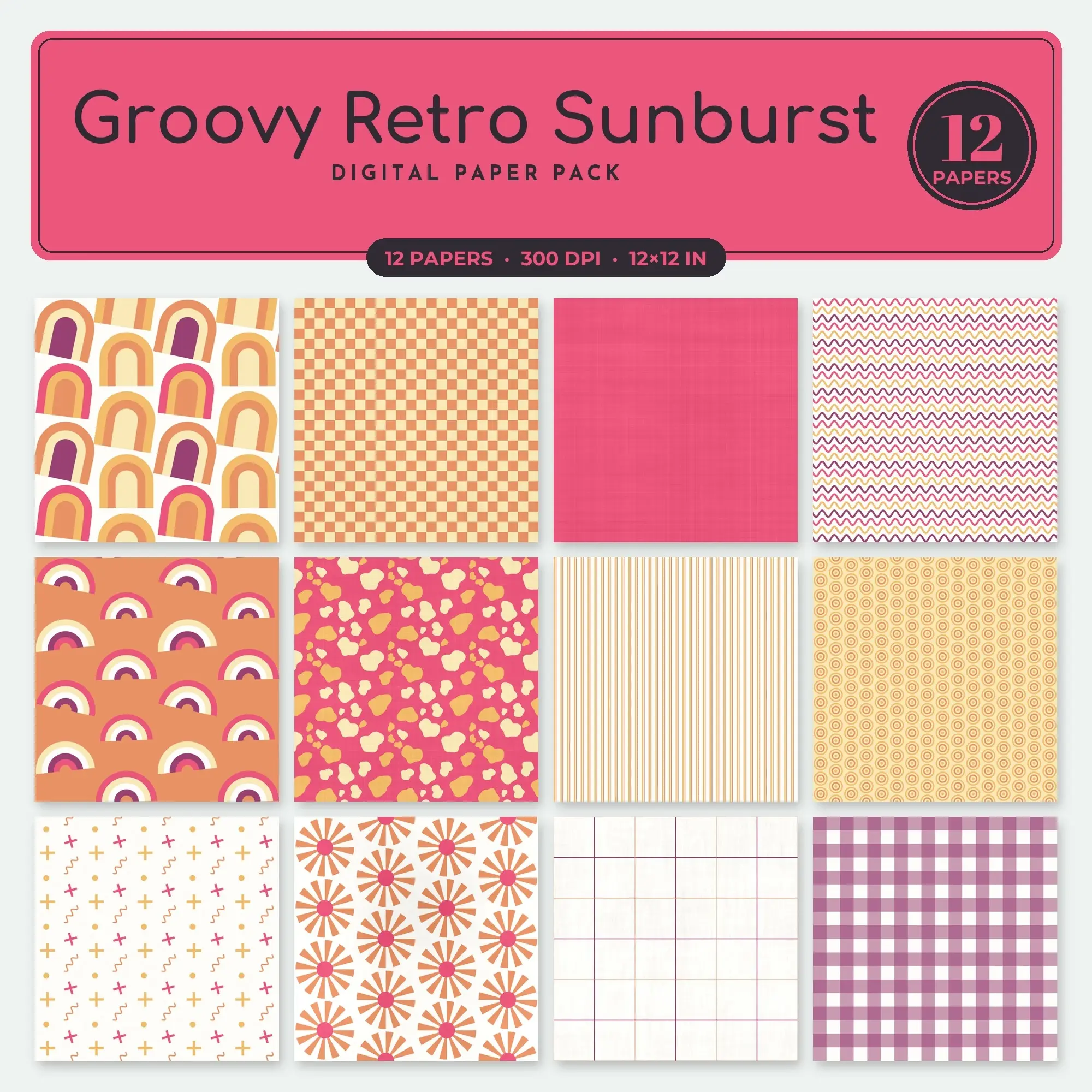 Watermelon & Honey Groovy Retro Sunburst Digital Paper Pack – 12 Seamless Patterns preview