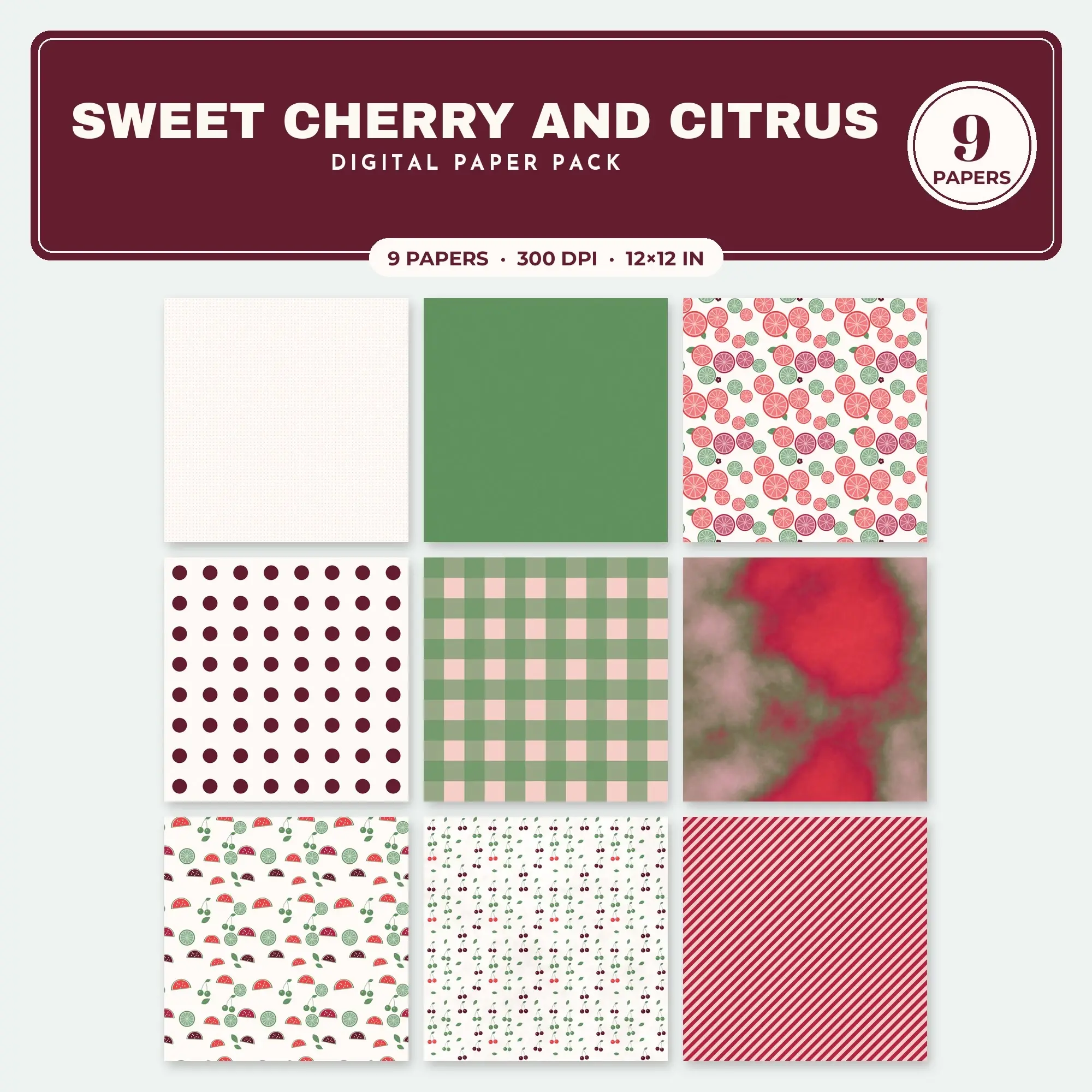 Poppy Red & Raspberry Sweet Cherry and Citrus Seamless Digital Paper – 9 Papers, 12x12 JPG preview