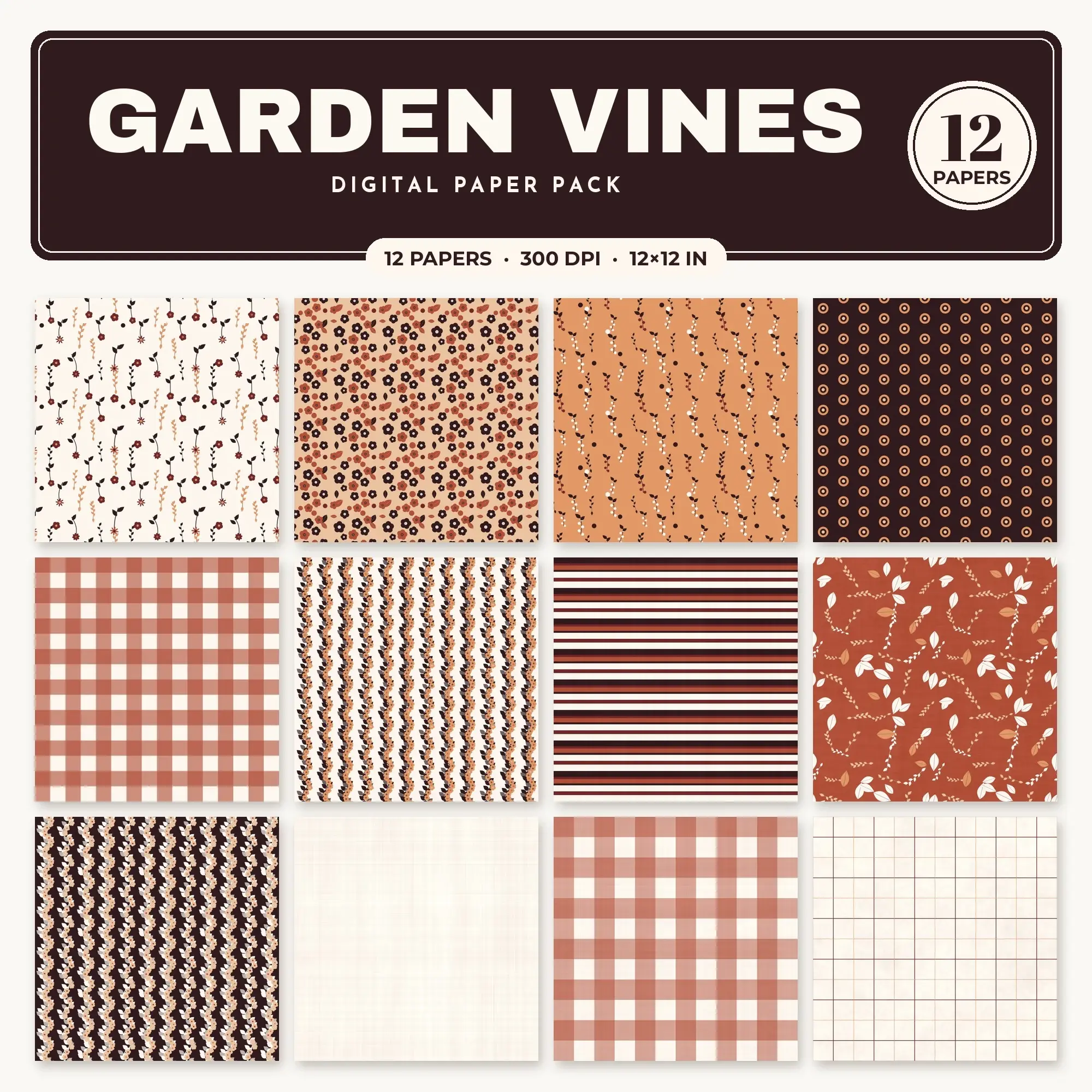 Apricot & Peach Garden Vines Seamless Digital Paper – 12 Papers, 12x12 JPG preview