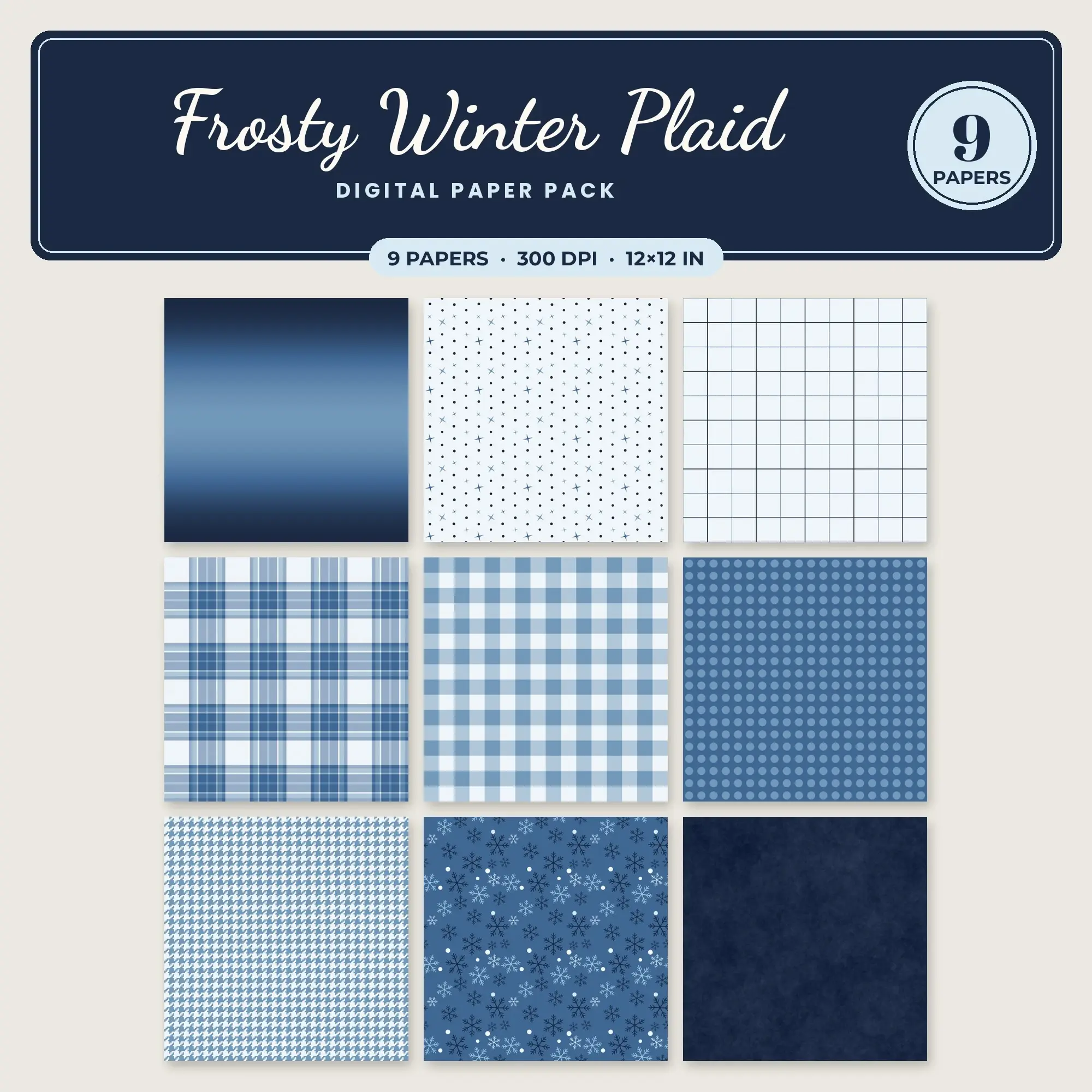Frosty Winter Plaid Digital Paper – 9 Seamless Sky Blue & Denim Patterns, preview 1 of 2