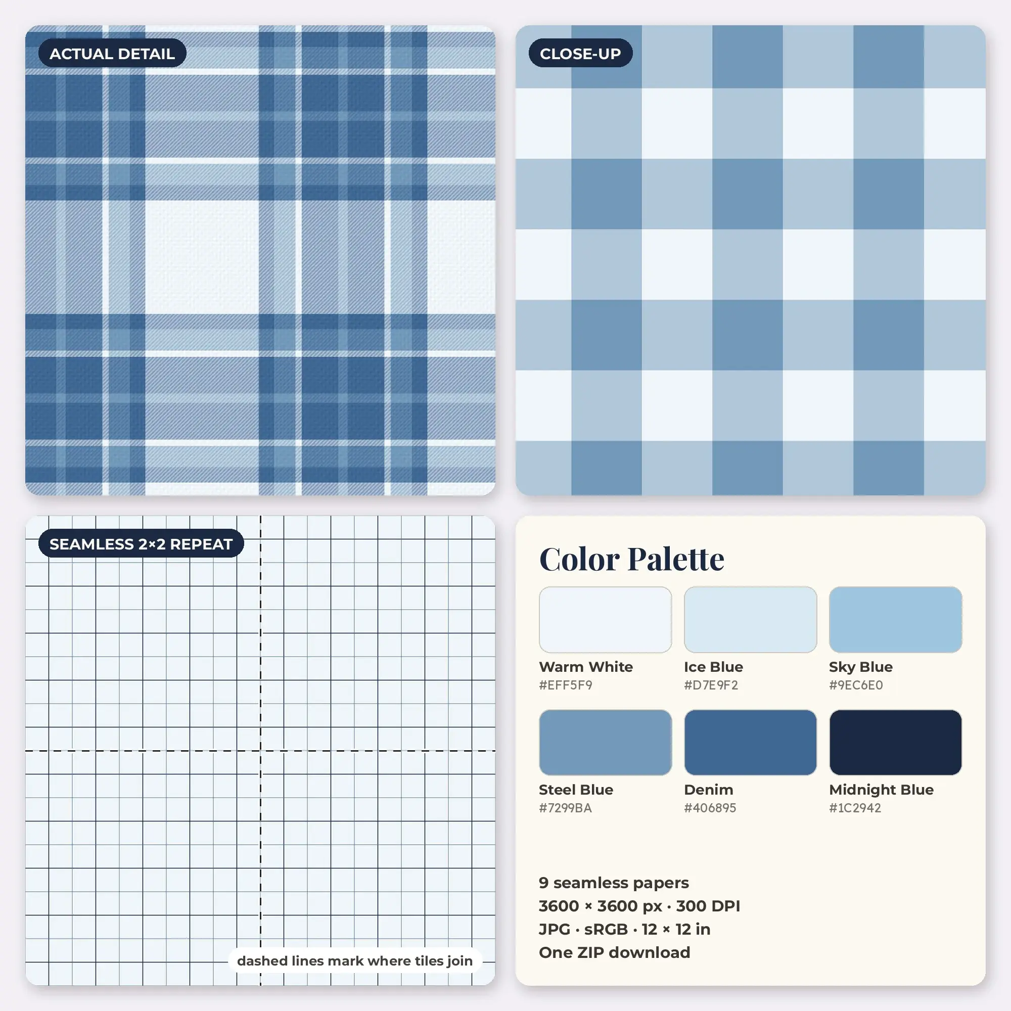 Frosty Winter Plaid Digital Paper – 9 Seamless Sky Blue & Denim Patterns, preview 2 of 2