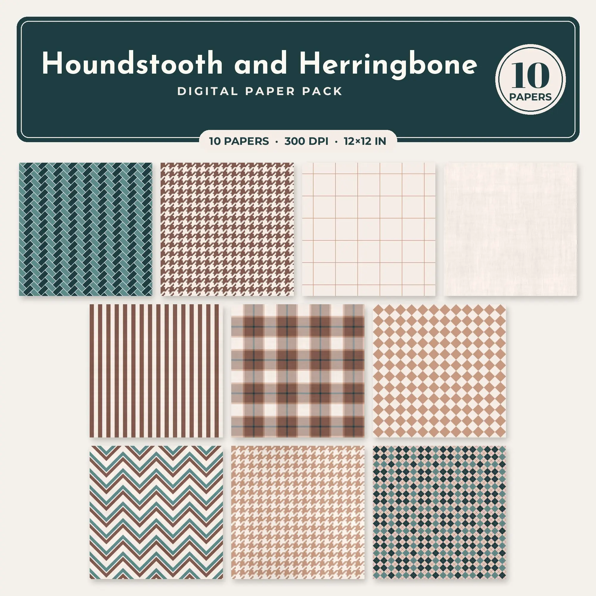 Blush & Mocha Houndstooth and Herringbone Digital Paper Pack – 10 Seamless Patterns preview