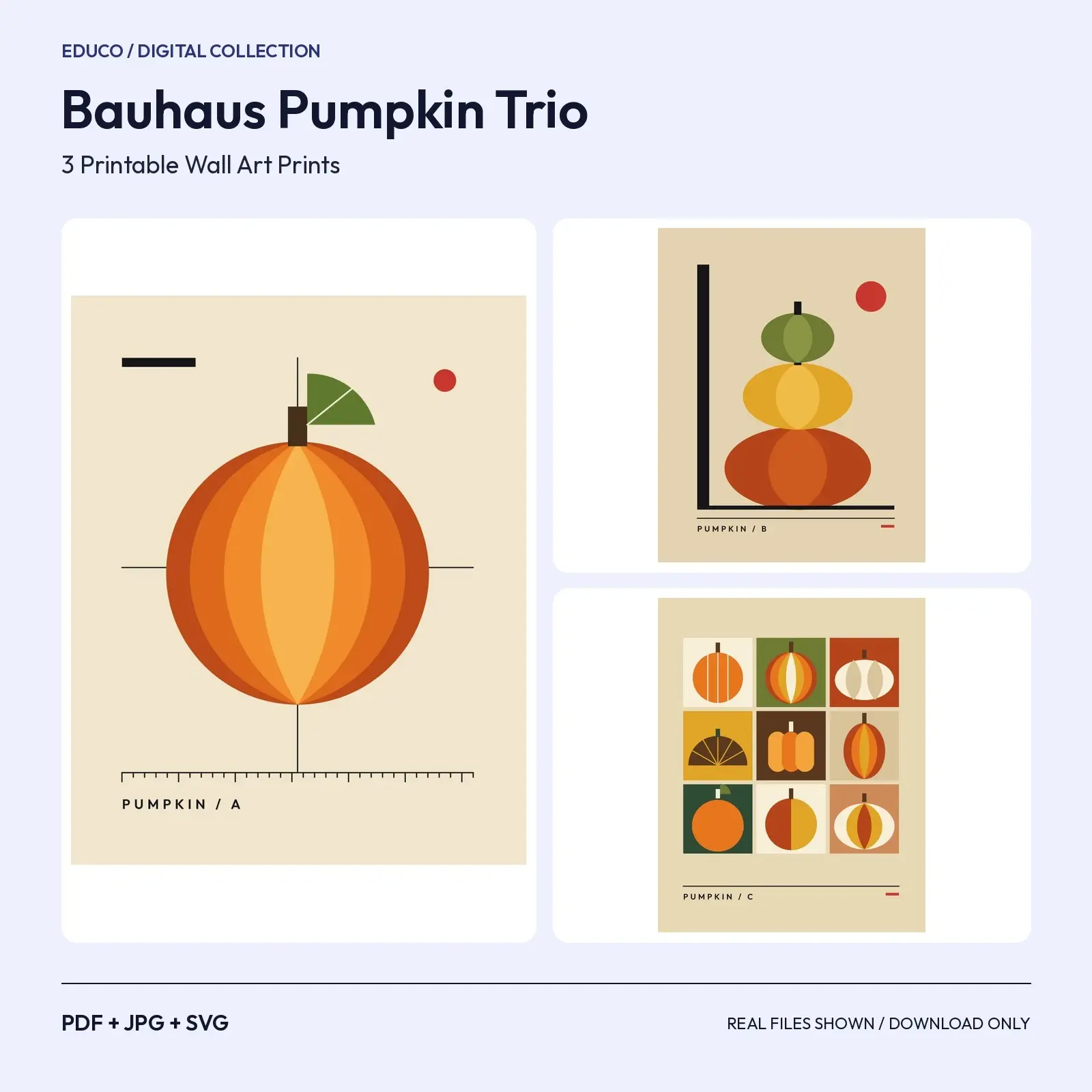 Bauhaus Pumpkin Trio – 3 Geometric Fall Printable Wall Art Prints preview