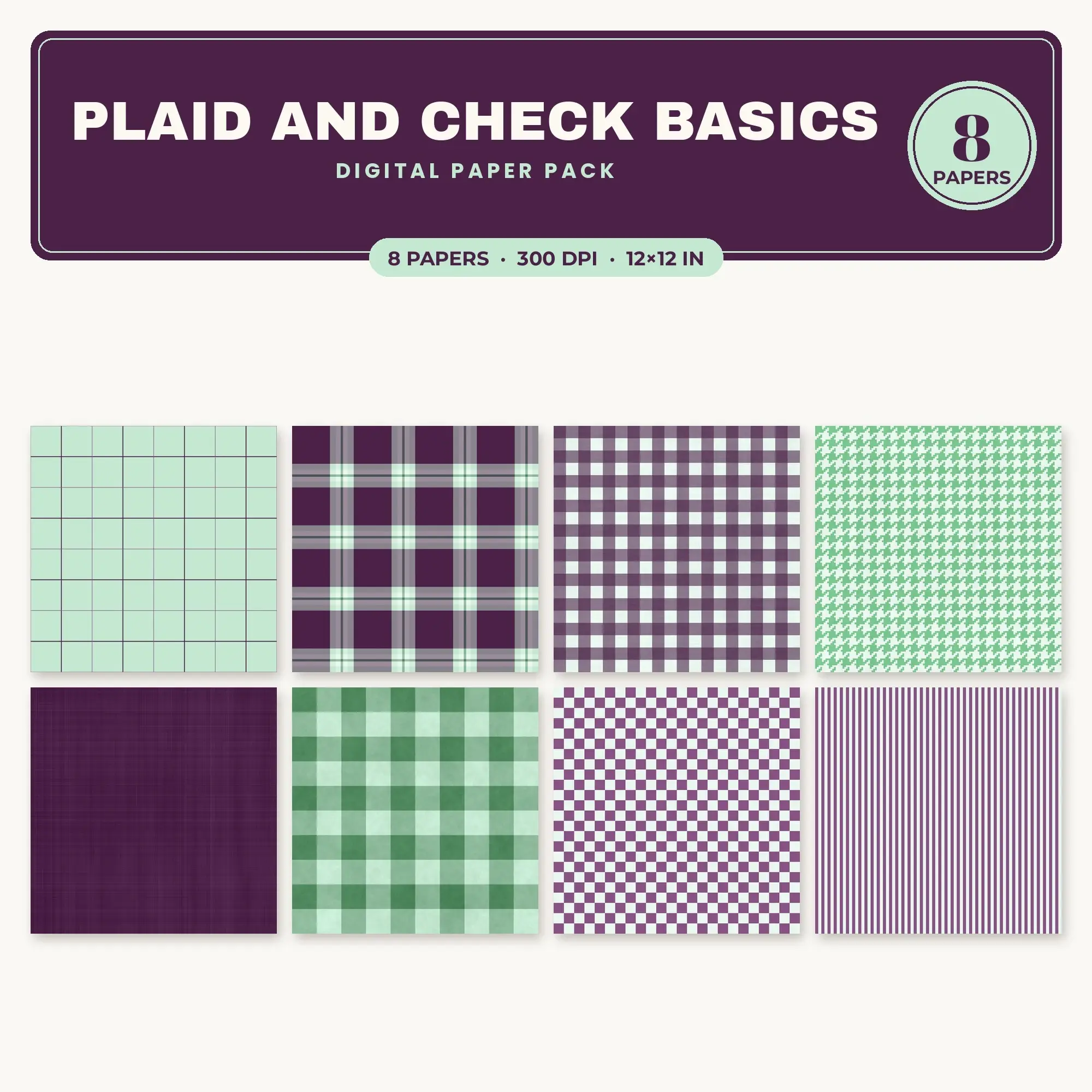 Spring Green Plaid and Check Basics Seamless Digital Paper Pack, 8 Papers 12x12 preview