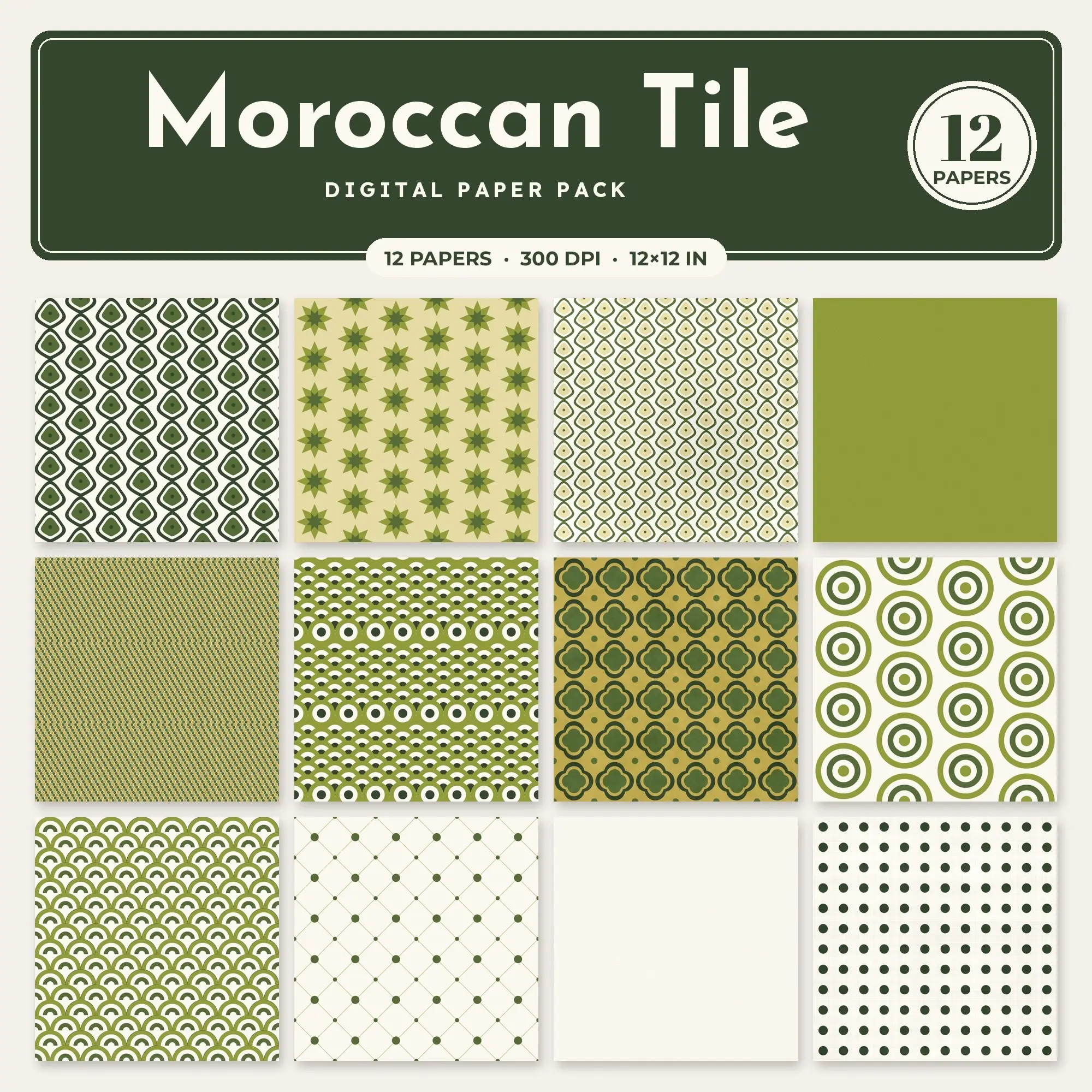 Gold & Avocado Moroccan Tile Seamless Digital Paper – 12 Papers, 12x12 JPG preview