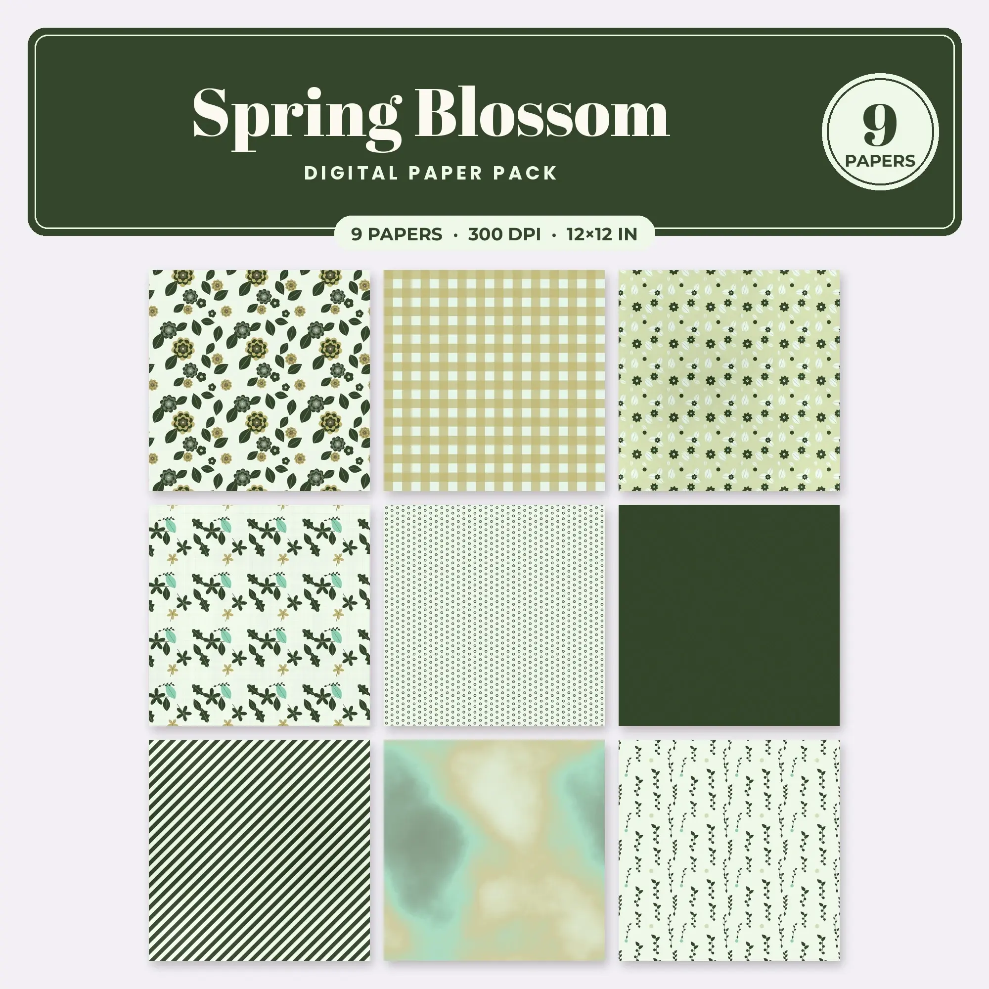 9 Matcha Spring Blossom Seamless Patterns – Digital Paper preview