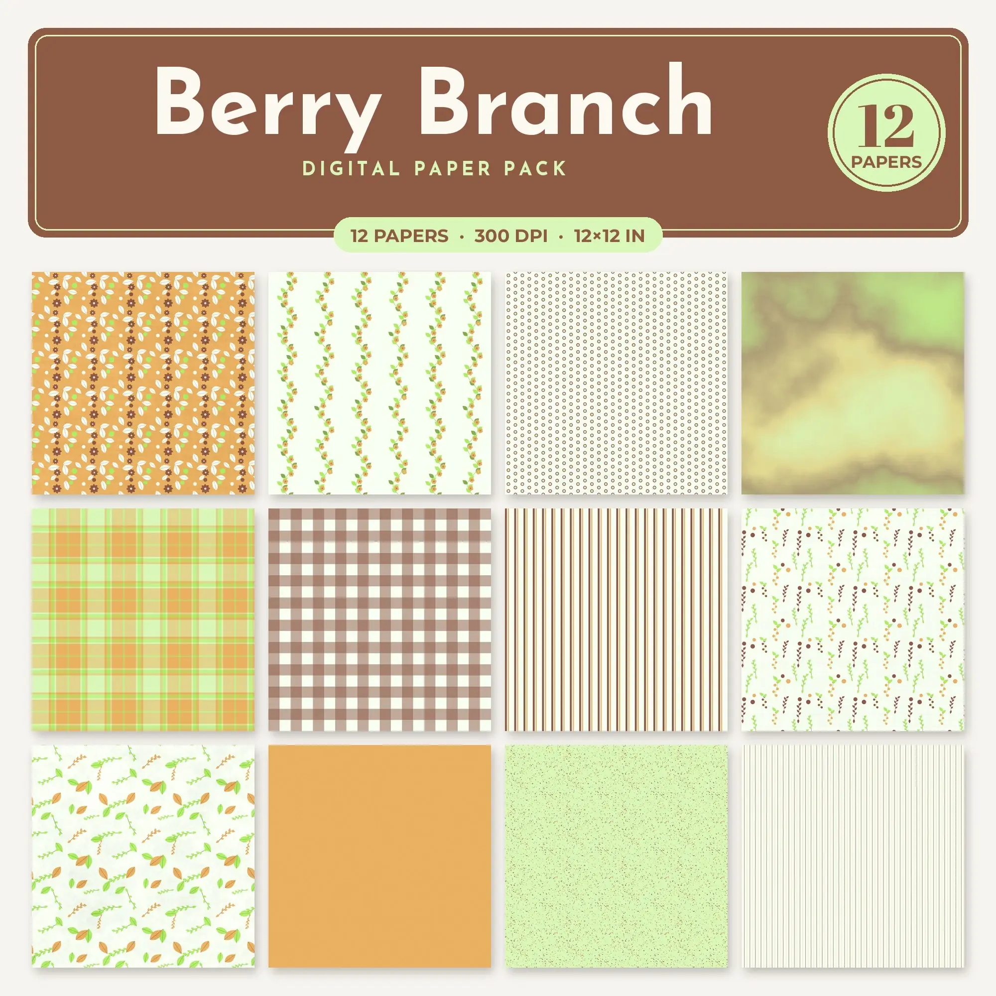 Lemon Berry Branch Seamless Digital Paper Pack, 12 Papers 12x12 preview