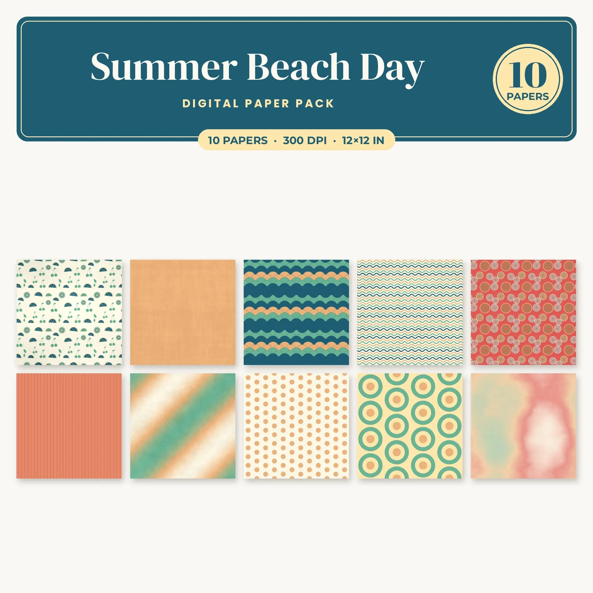 Summer Beach Day Digital Paper – 10 Seamless Coral & Apricot Patterns preview