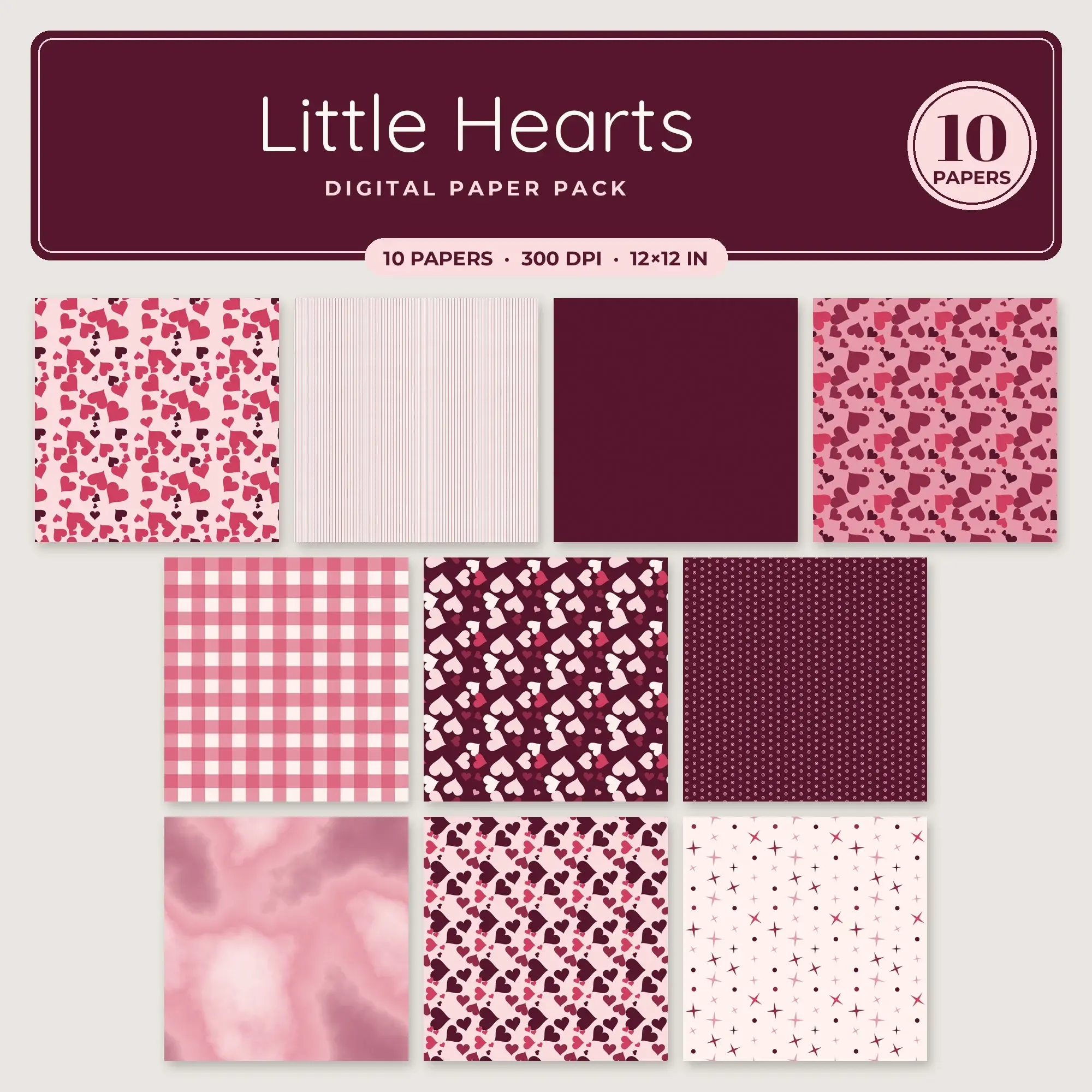 Little Hearts Seamless Pattern Papers in Raspberry and Rose – 10 Pack preview