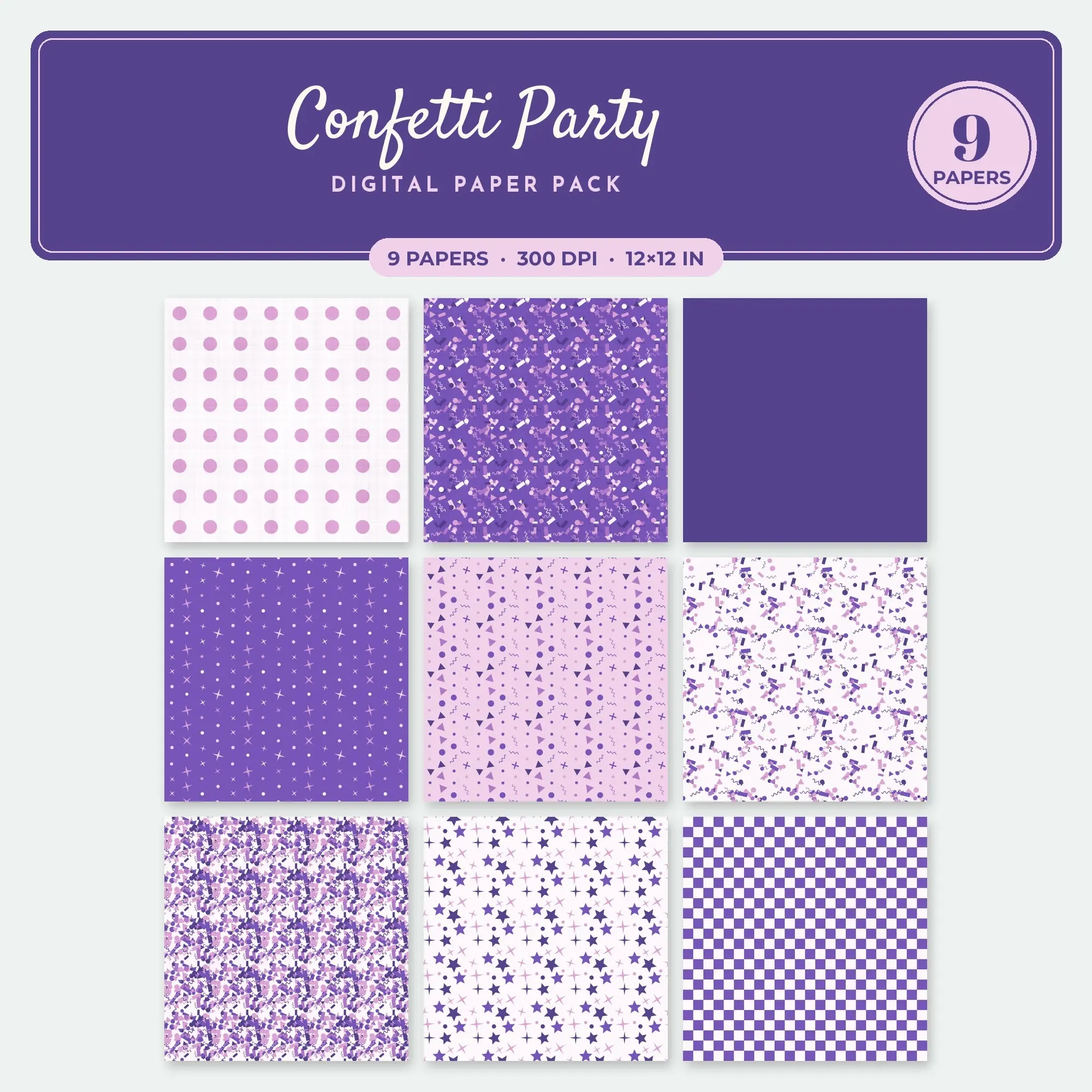 Confetti Party Digital Paper – 9 Seamless Violet & Orchid Patterns preview