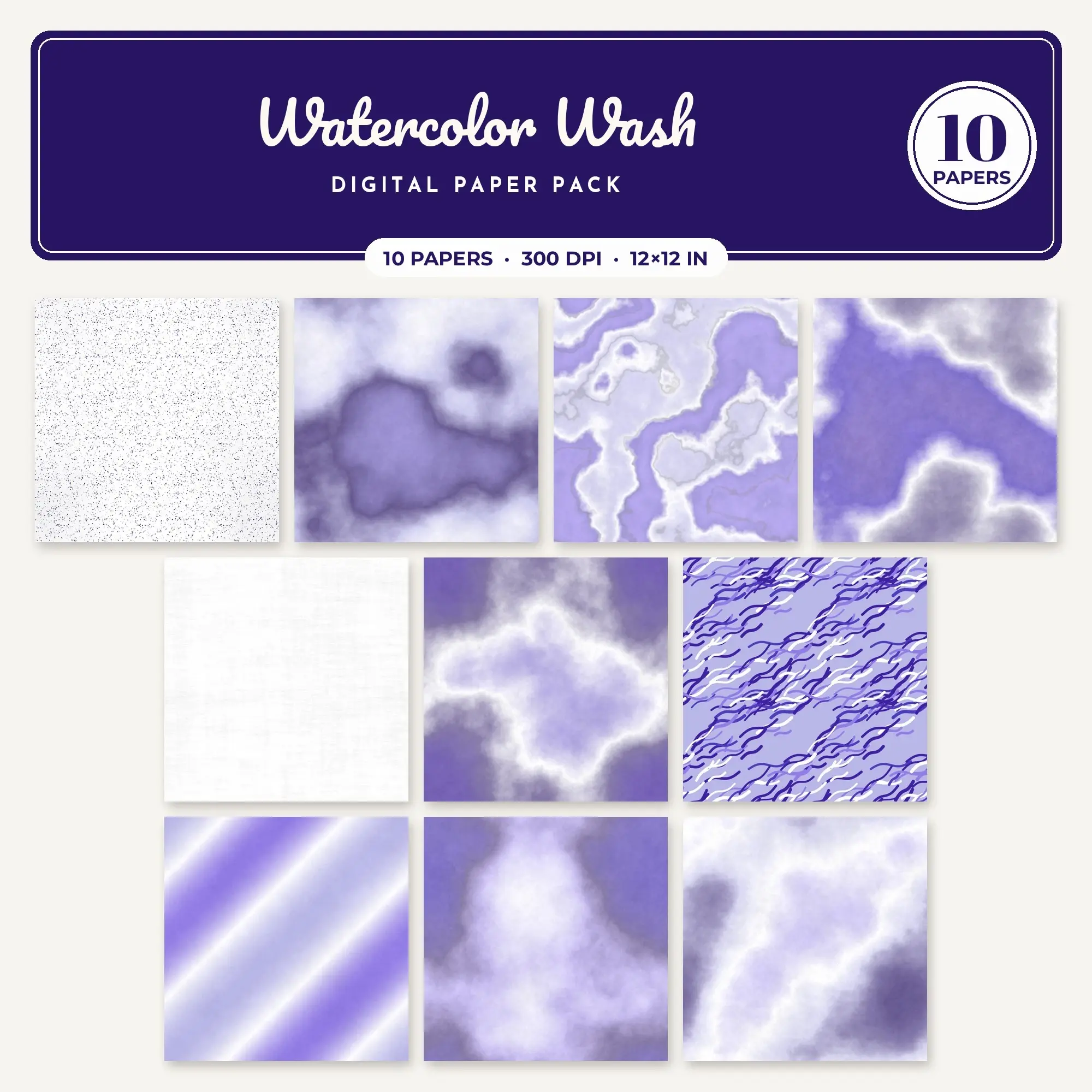 Watercolor Wash Seamless Pattern Papers in Violet and Indigo – 10 Pack preview