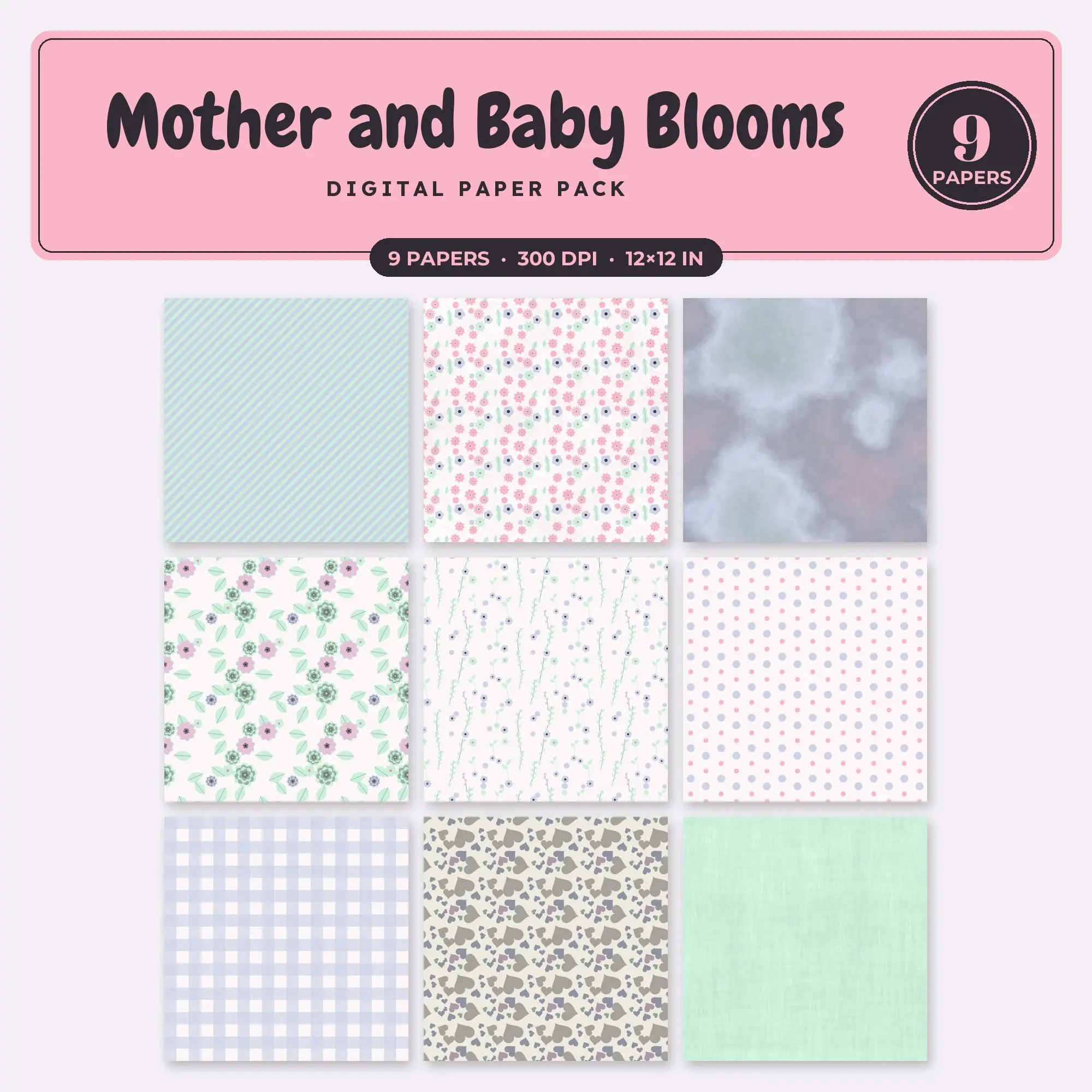 9 Petal Pink Mother and Baby Blooms Seamless Patterns – Digital Paper, preview 1 of 2