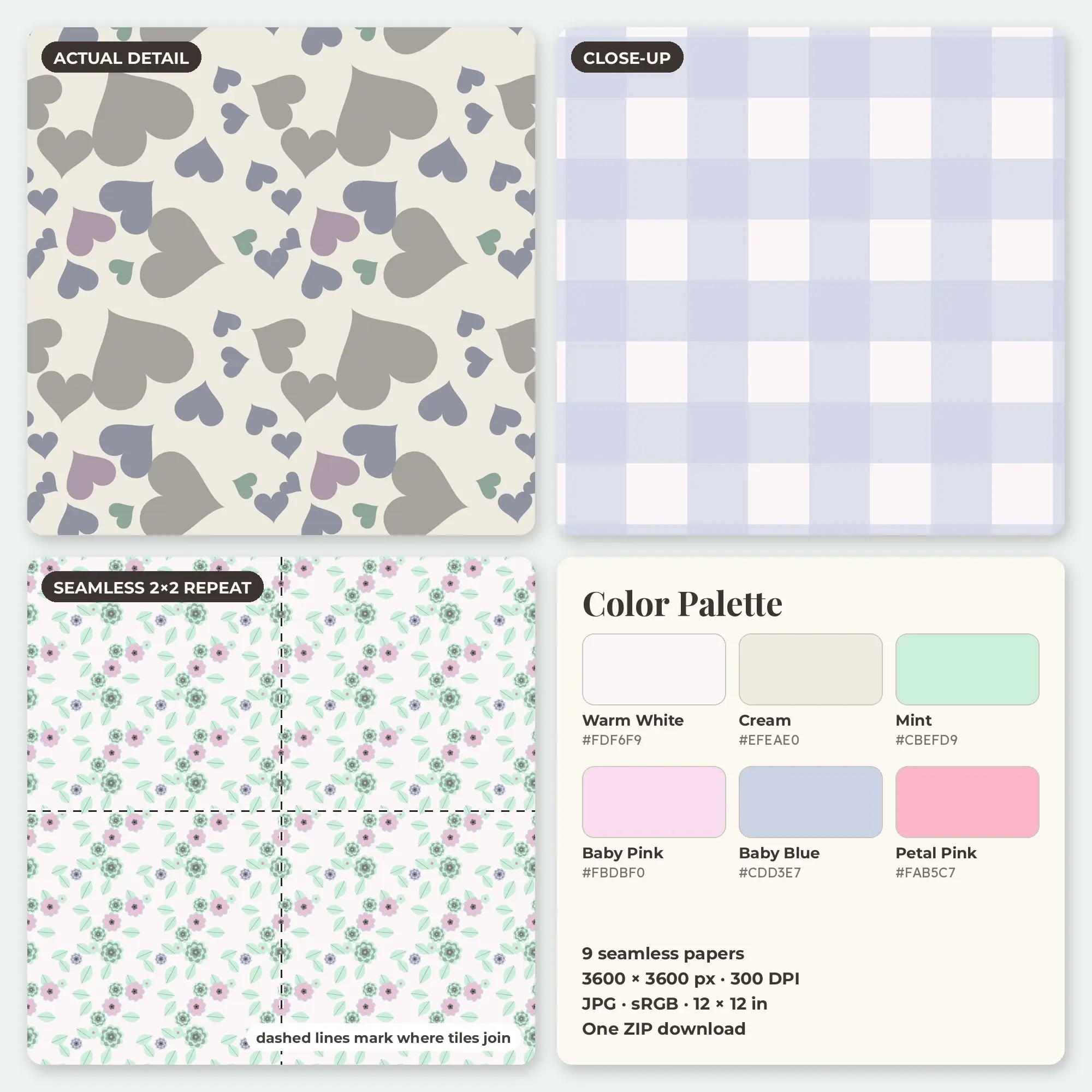 9 Petal Pink Mother and Baby Blooms Seamless Patterns – Digital Paper, preview 2 of 2