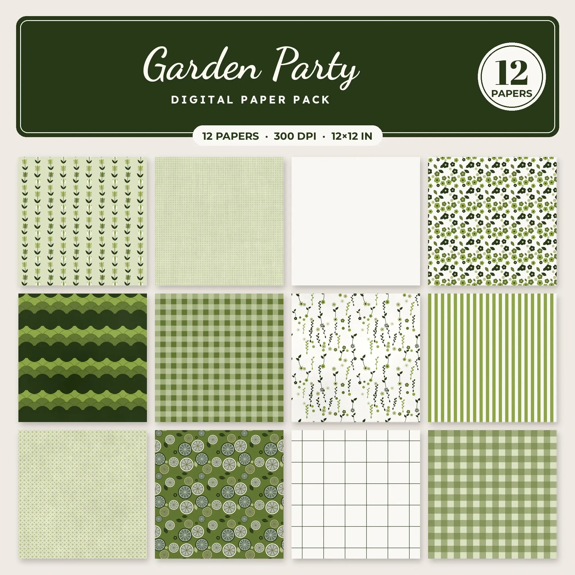 Avocado & Moss Garden Party Digital Paper Pack – 12 Seamless Patterns preview