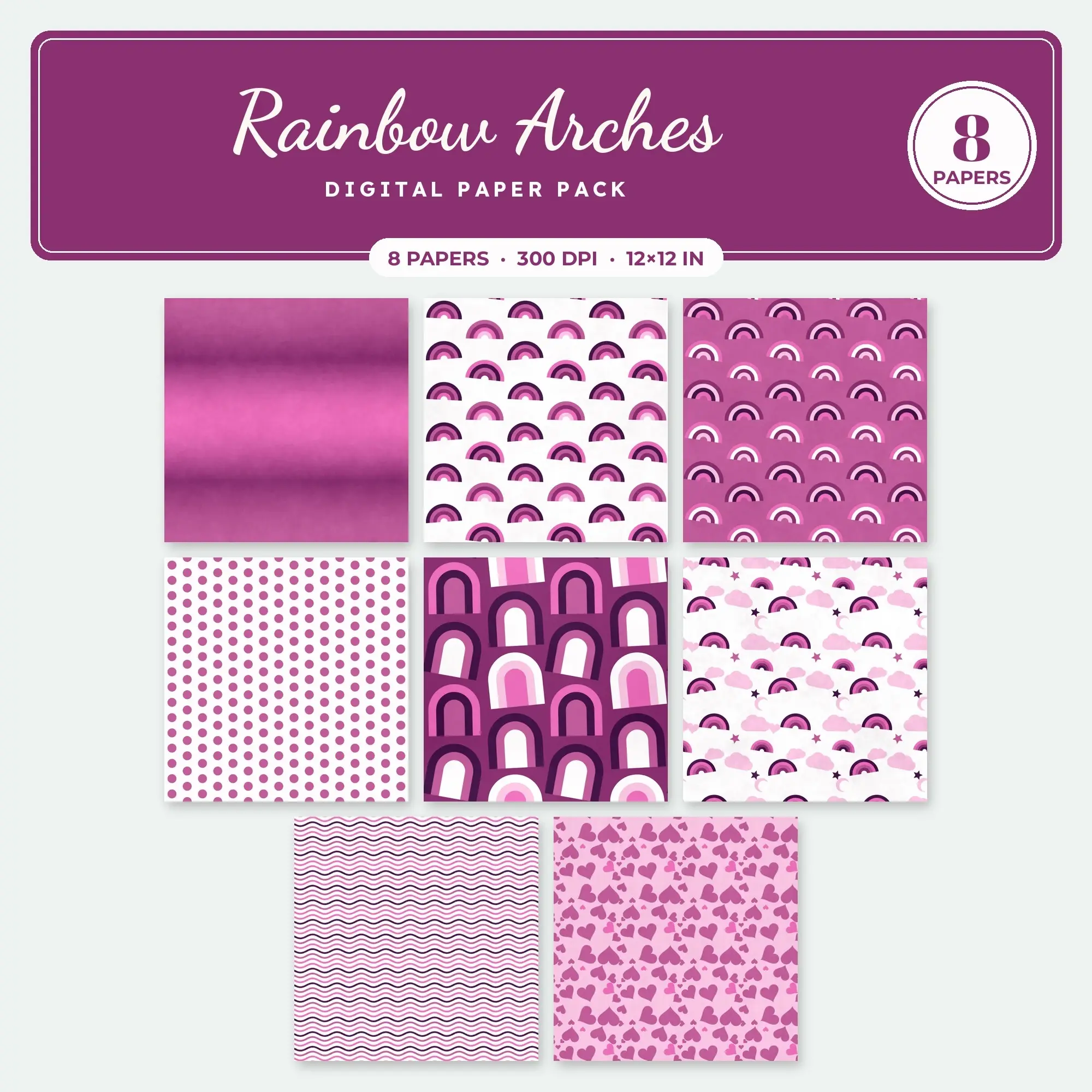 8 Hot Pink Rainbow Arches Seamless Patterns – Digital Paper preview