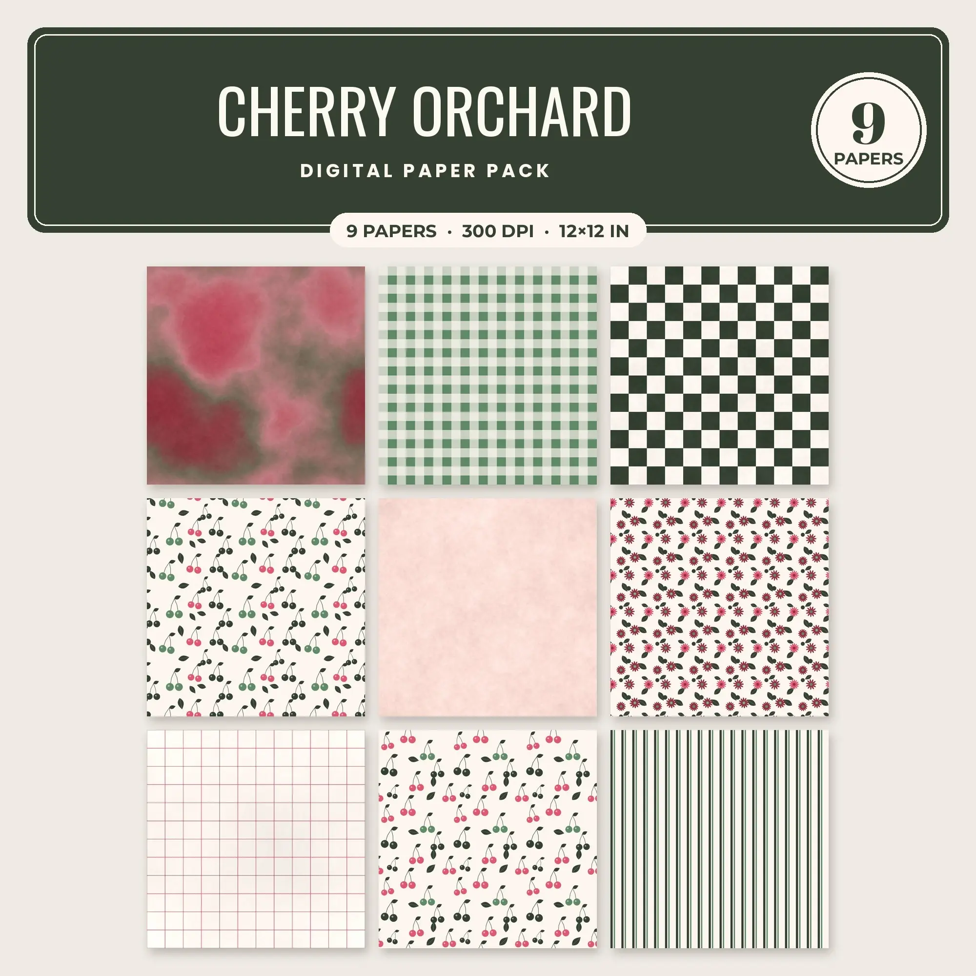 Cherry Orchard Seamless Pattern Papers in Watermelon and Blush – 9 Pack preview