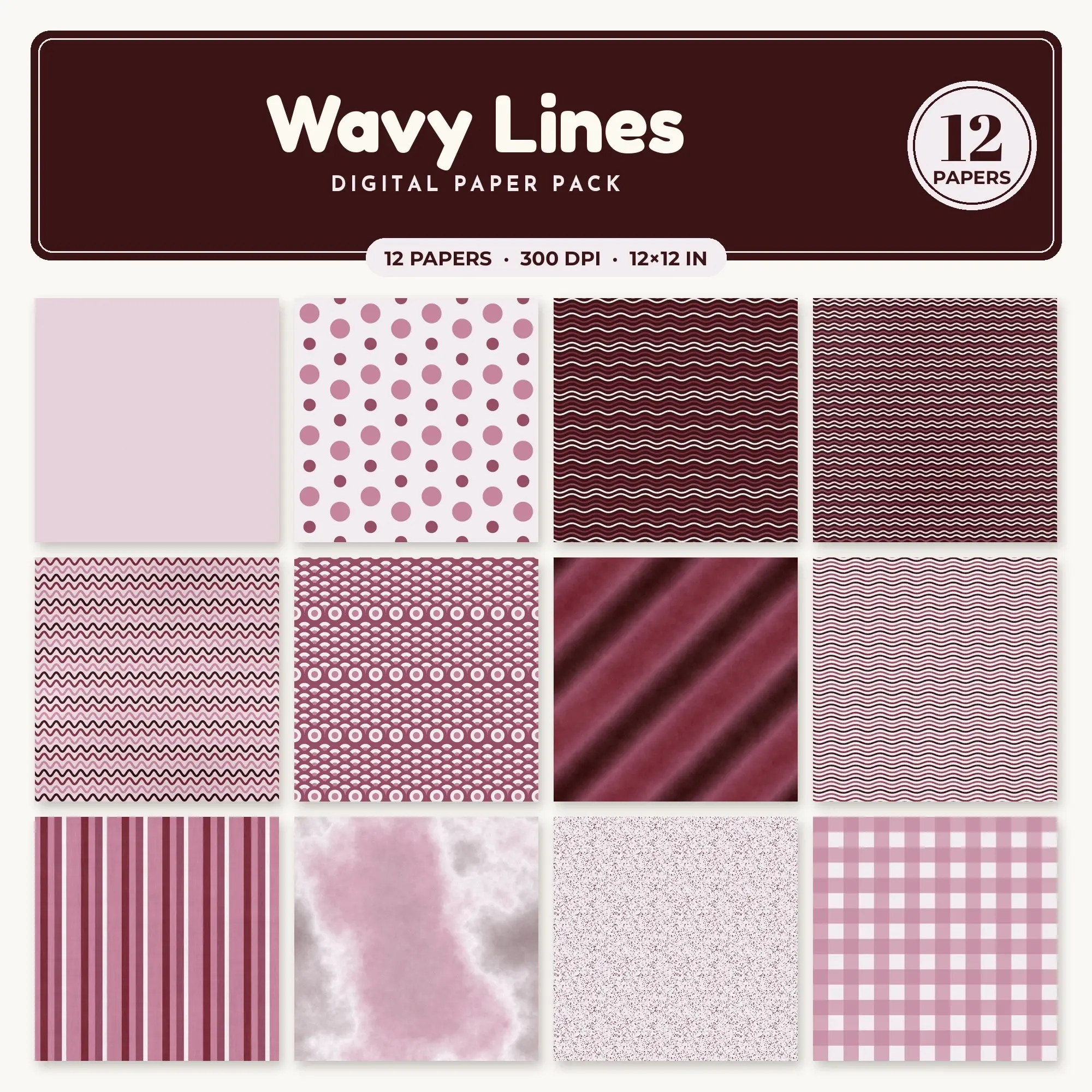 Burgundy & Mauve Wavy Lines Seamless Digital Paper – 12 Papers, 12x12 JPG preview