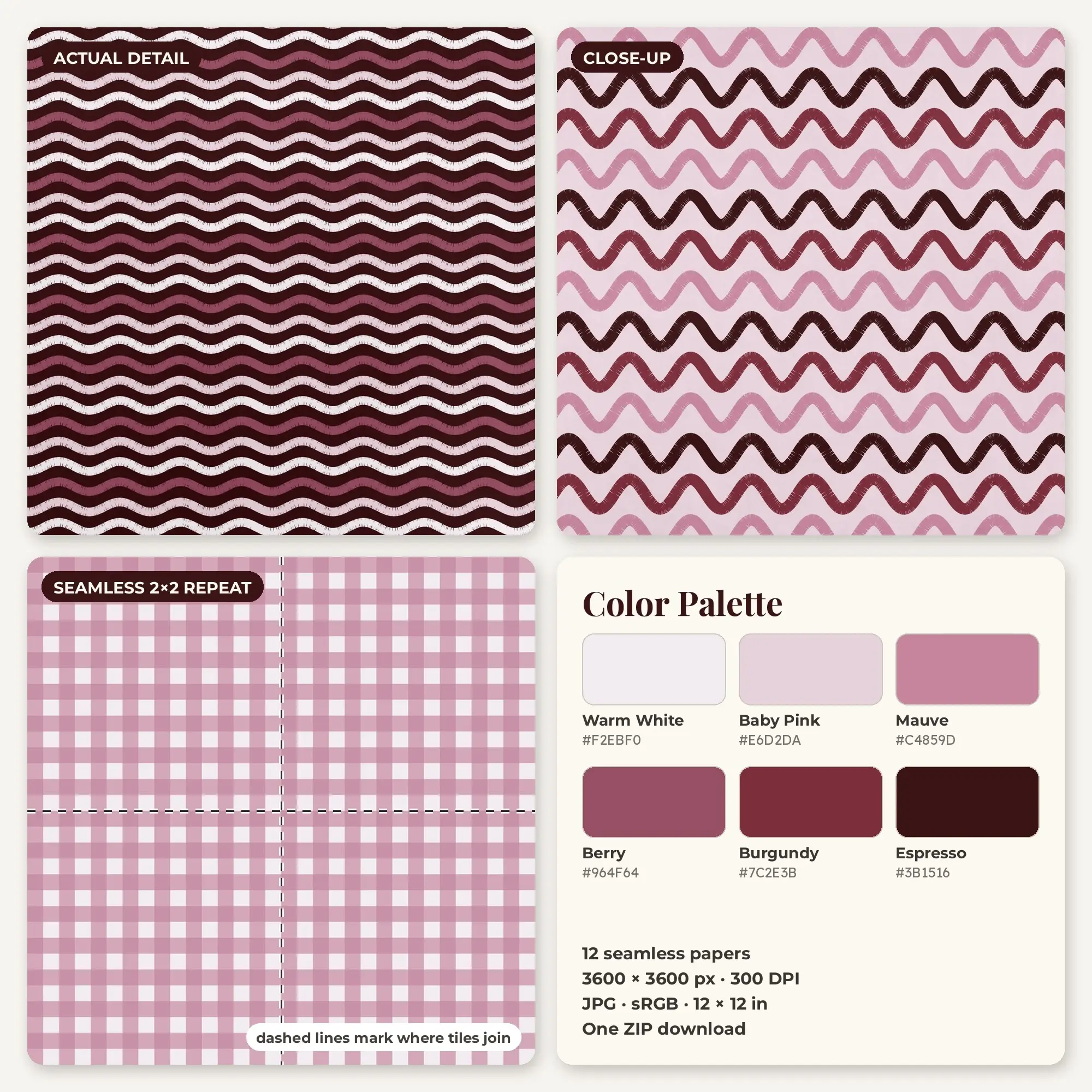 Burgundy & Mauve Wavy Lines Seamless Digital Paper – 12 Papers, 12x12 JPG, preview 2 of 2