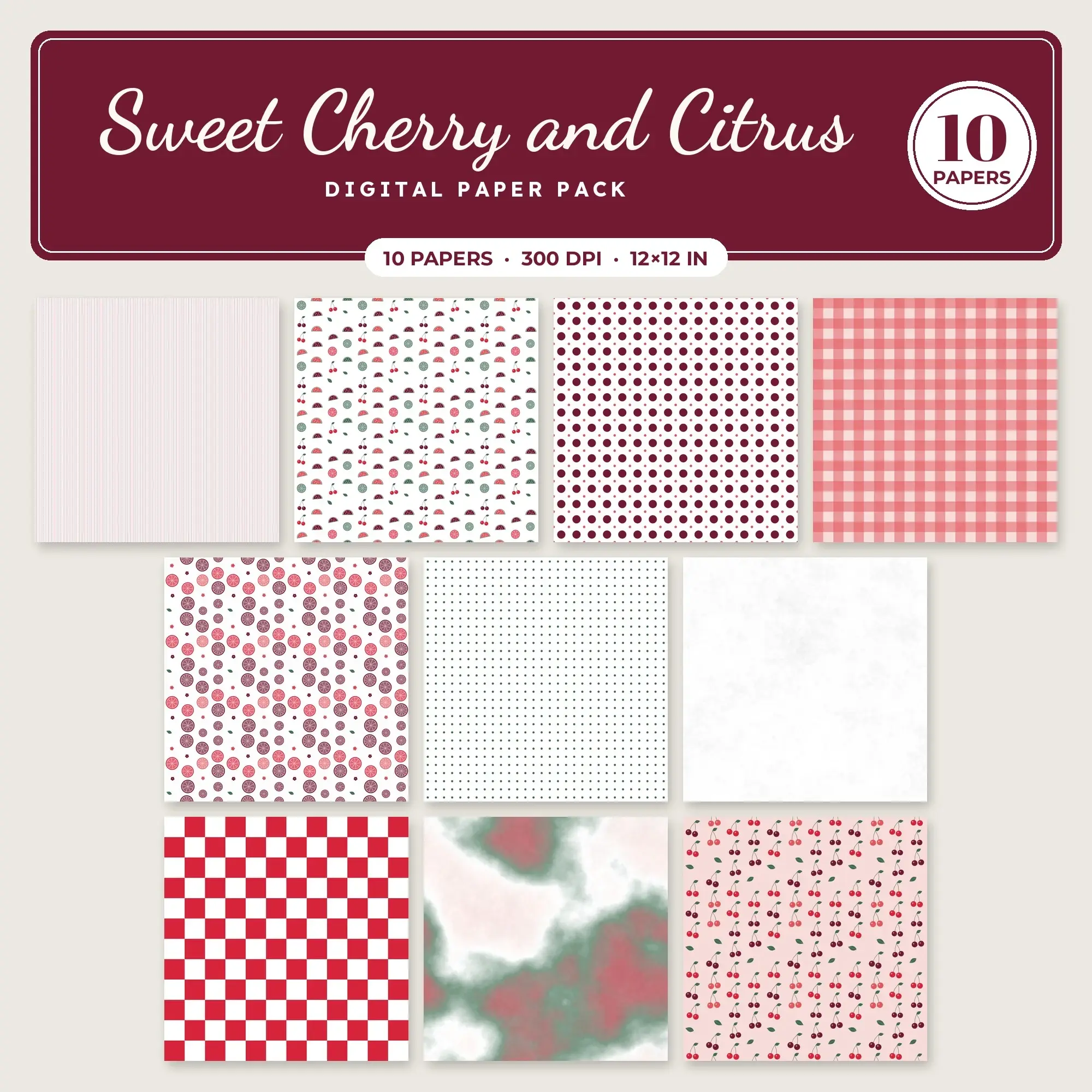 Cherry Red & Watermelon Sweet Cherry and Citrus Digital Paper Pack – 10 Seamless Patterns preview
