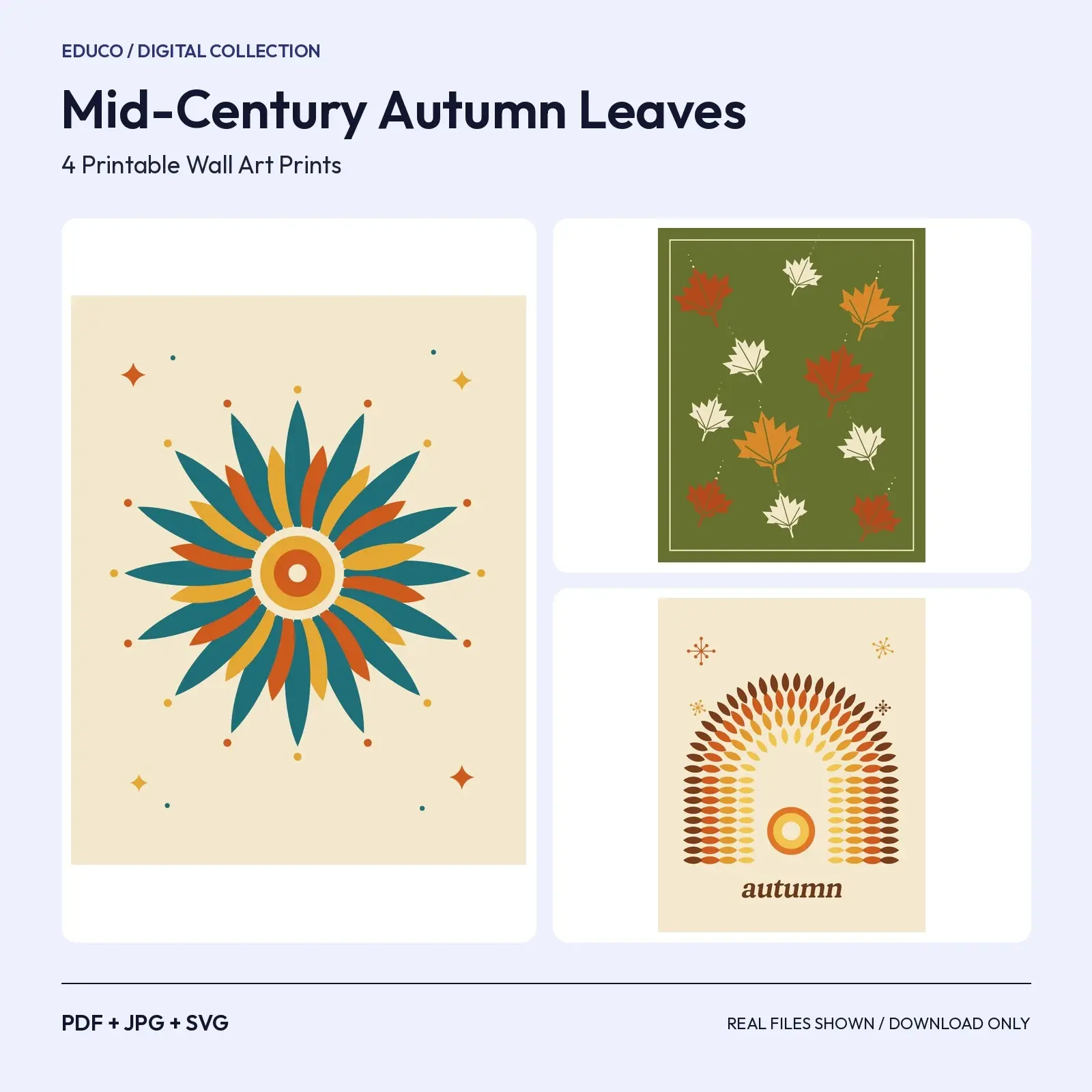 Mid-Century Autumn Leaves – 4 Retro Fall Printable Wall Art Prints preview