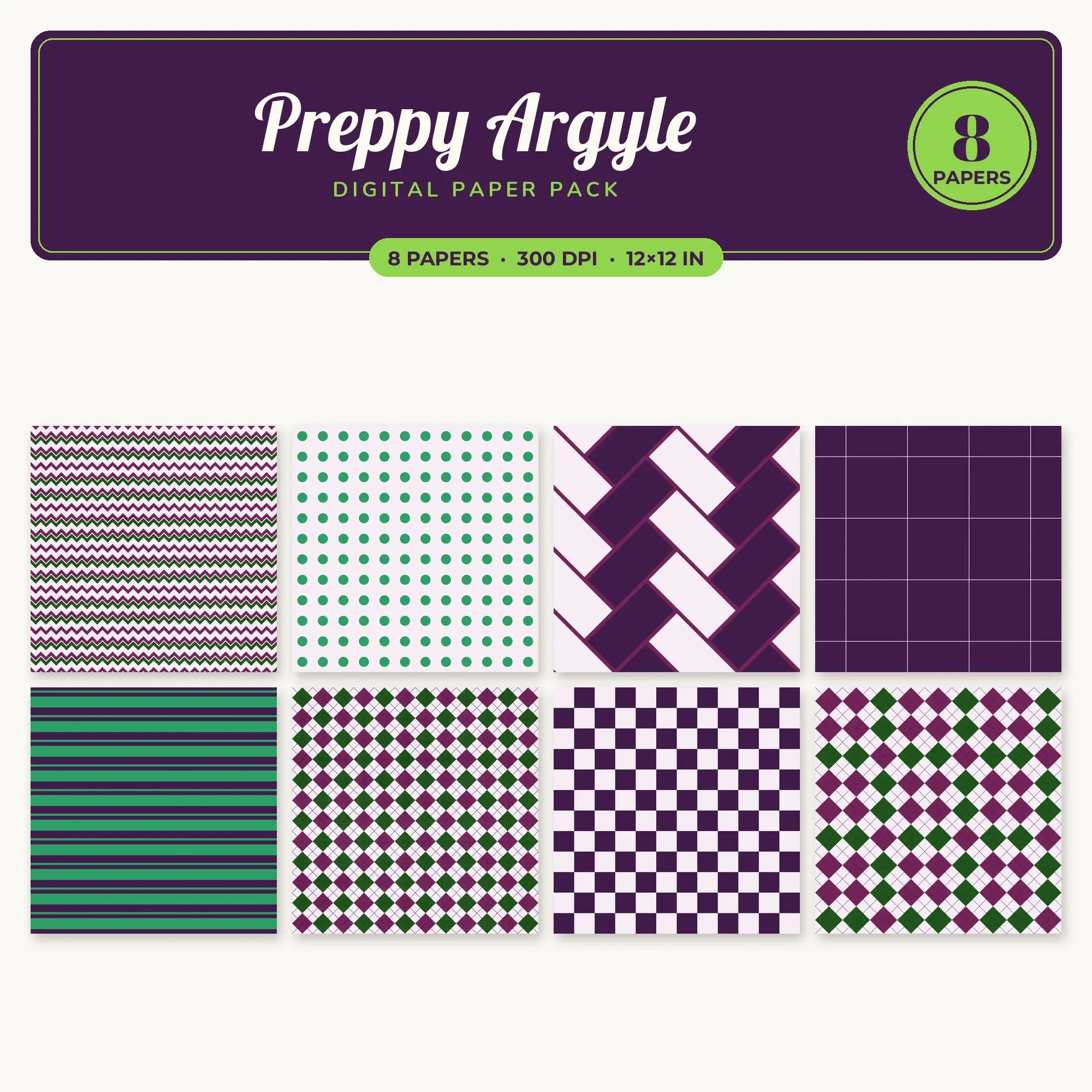 8 Lime Preppy Argyle Seamless Patterns – Digital Paper, preview 1 of 2