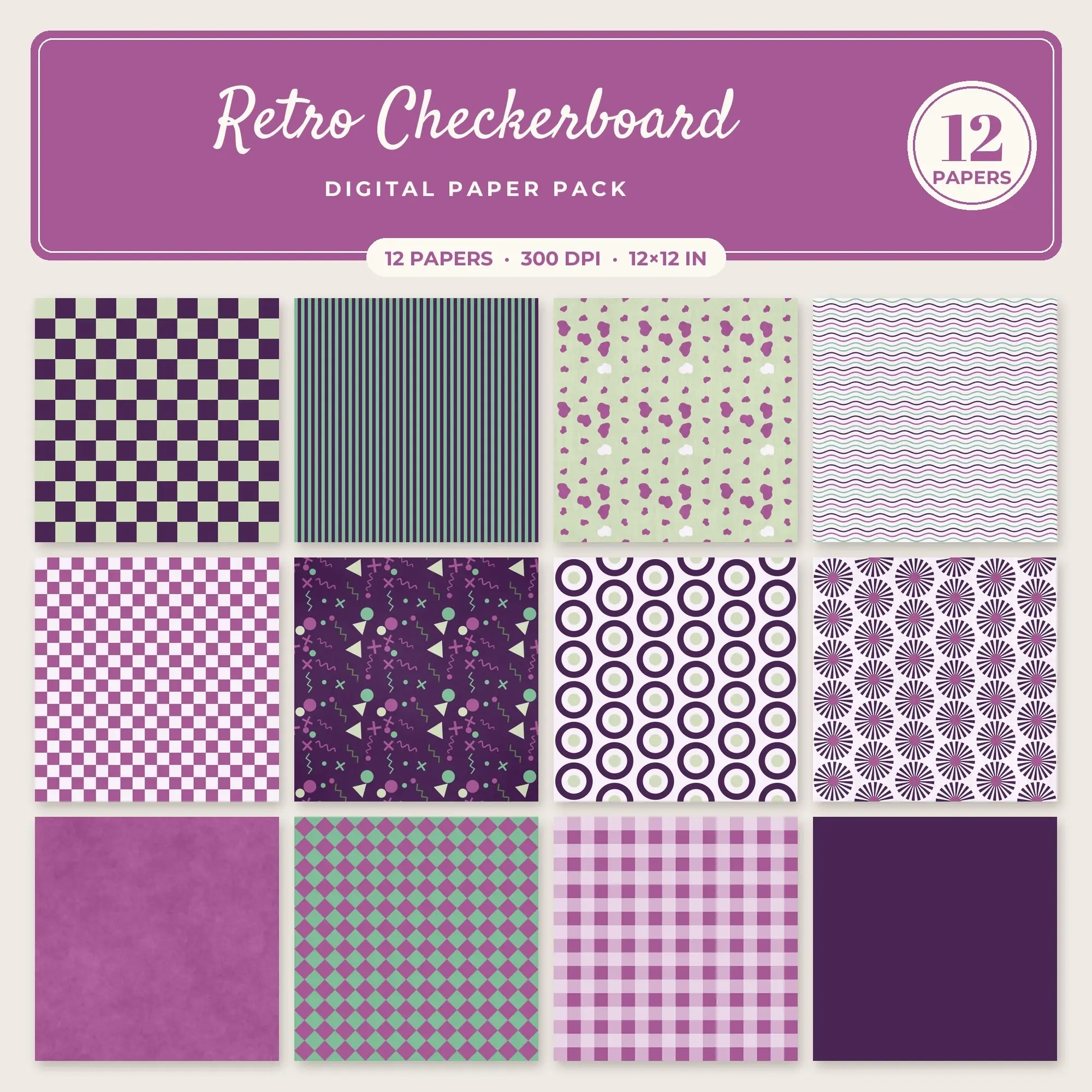 Retro Checkerboard Digital Paper – 12 Seamless Seafoam & Orchid Patterns preview