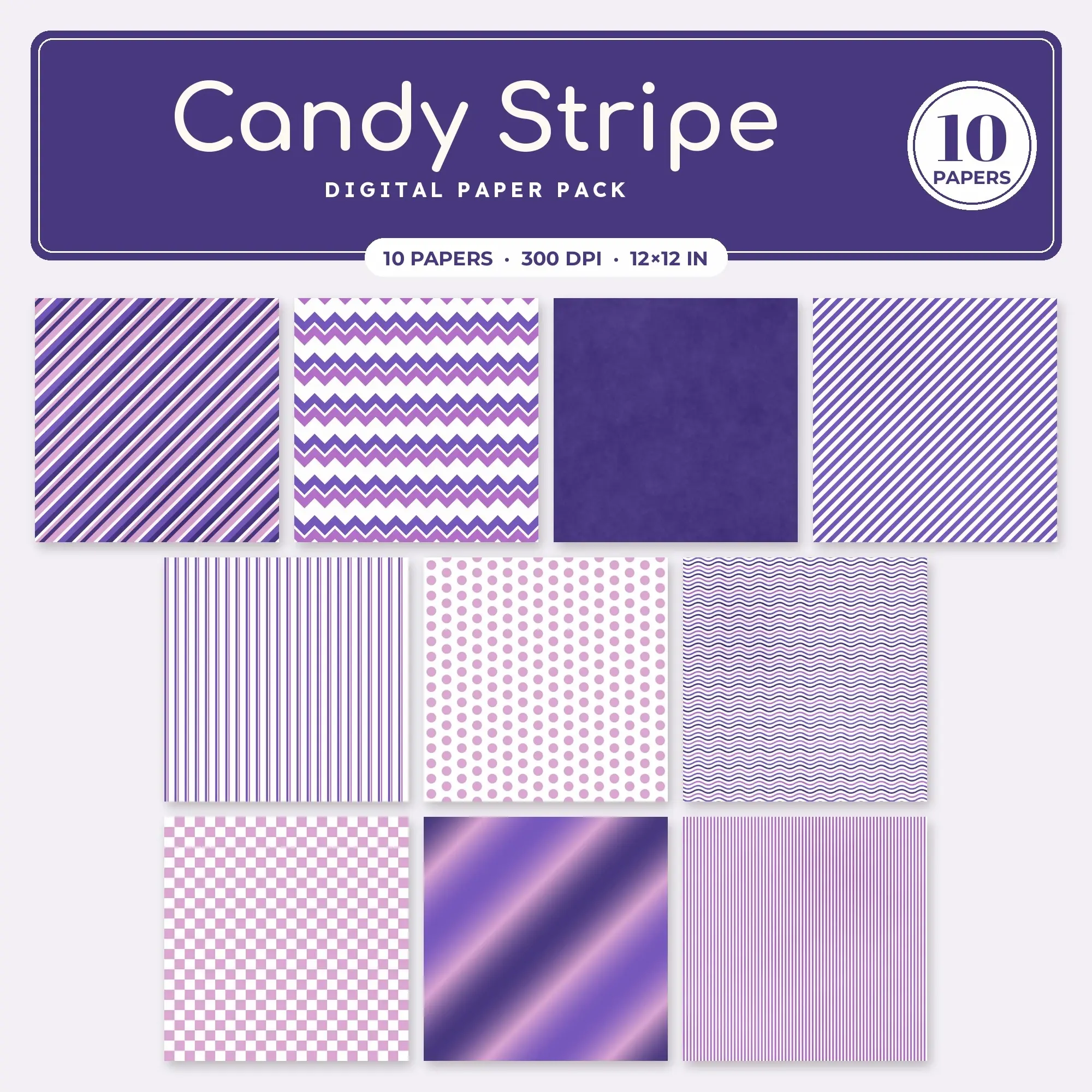 Violet Candy Stripe Seamless Digital Paper Pack, 10 Papers 12x12 preview