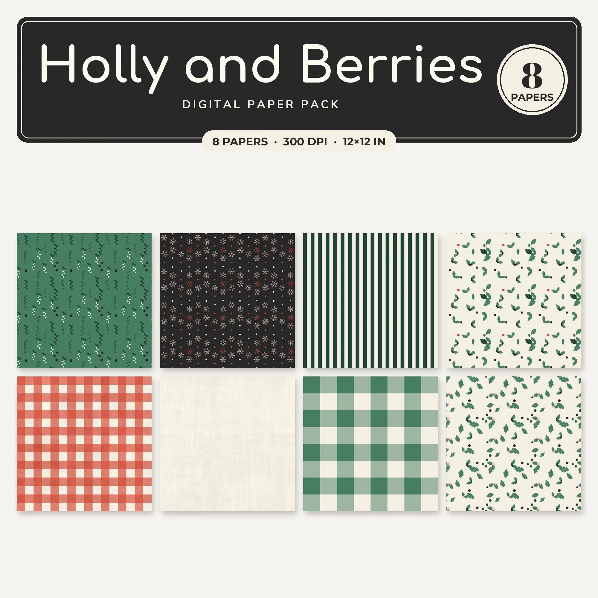 8 Poppy Red Holly and Berries Seamless Patterns – Digital Paper preview