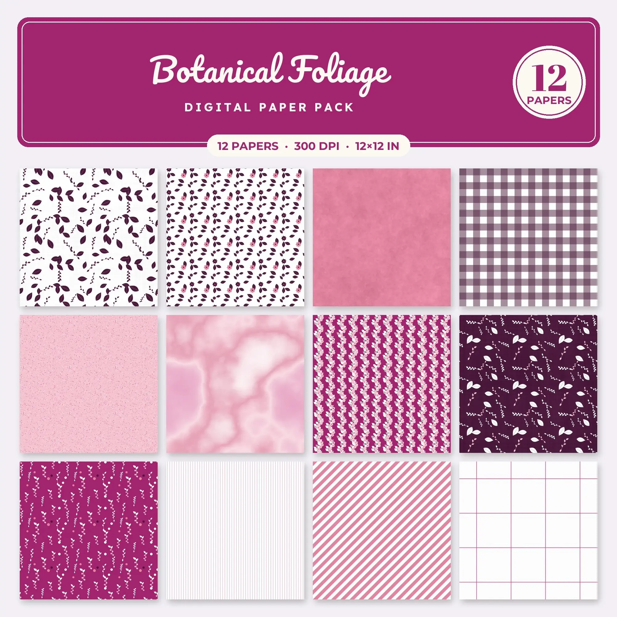 Hot Pink Botanical Foliage Seamless Digital Paper Pack, 12 Papers 12x12 preview