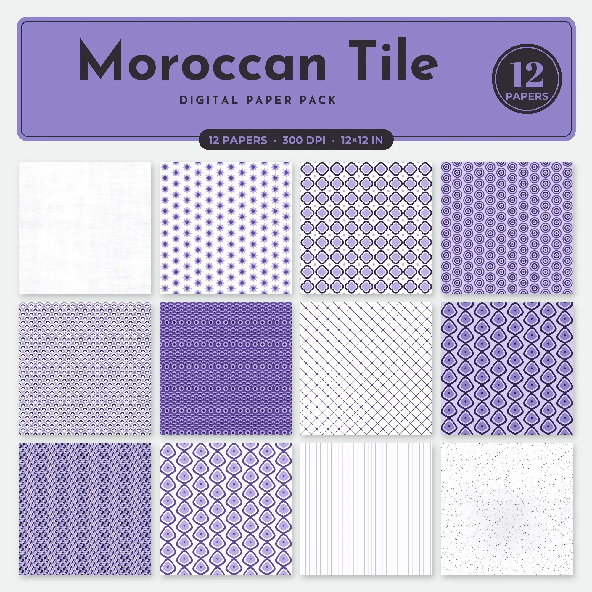 Moroccan Tile Seamless Pattern Papers in Wisteria and Periwinkle – 12 Pack preview