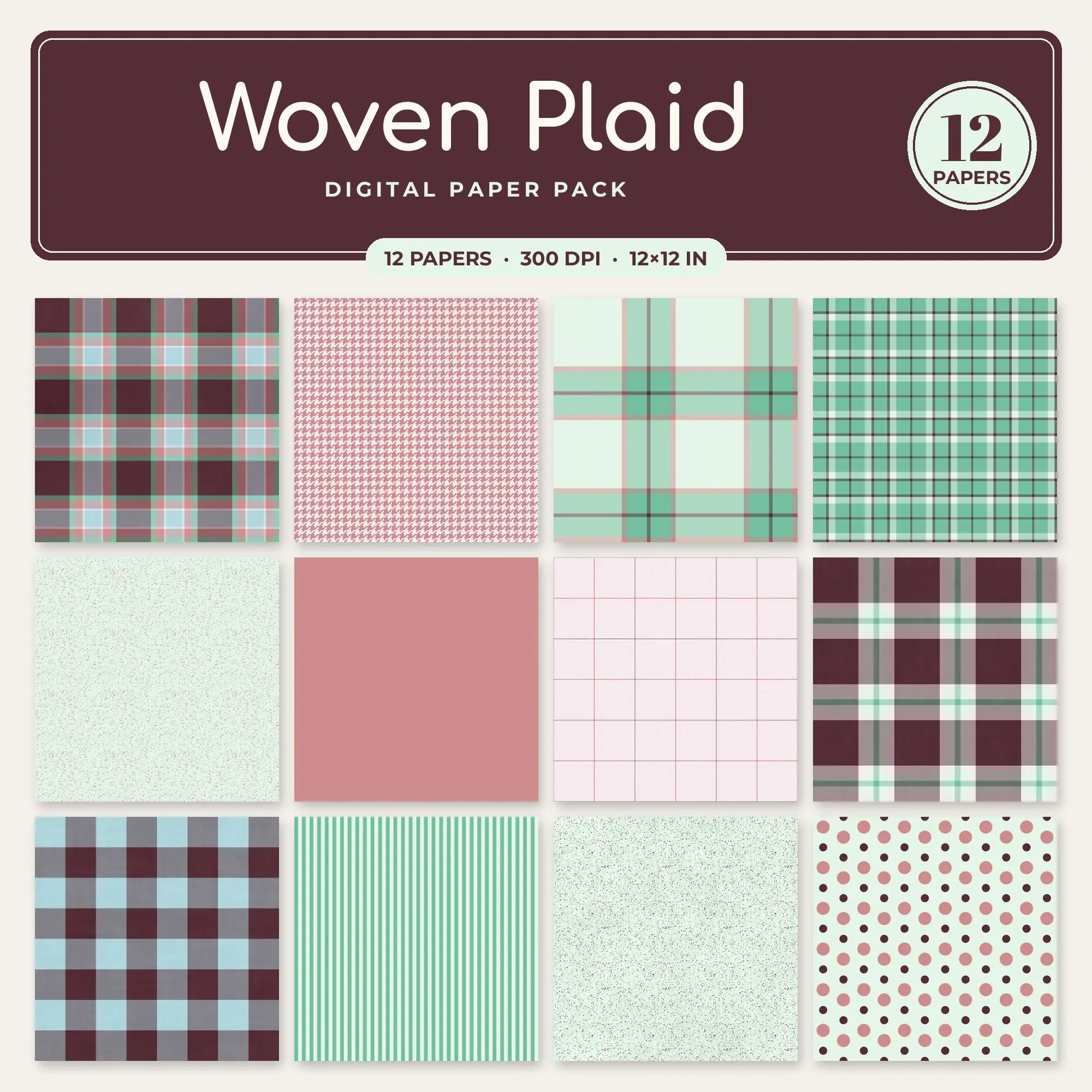 Woven Plaid Seamless Pattern Papers in Clay Pink and Jade – 12 Pack preview