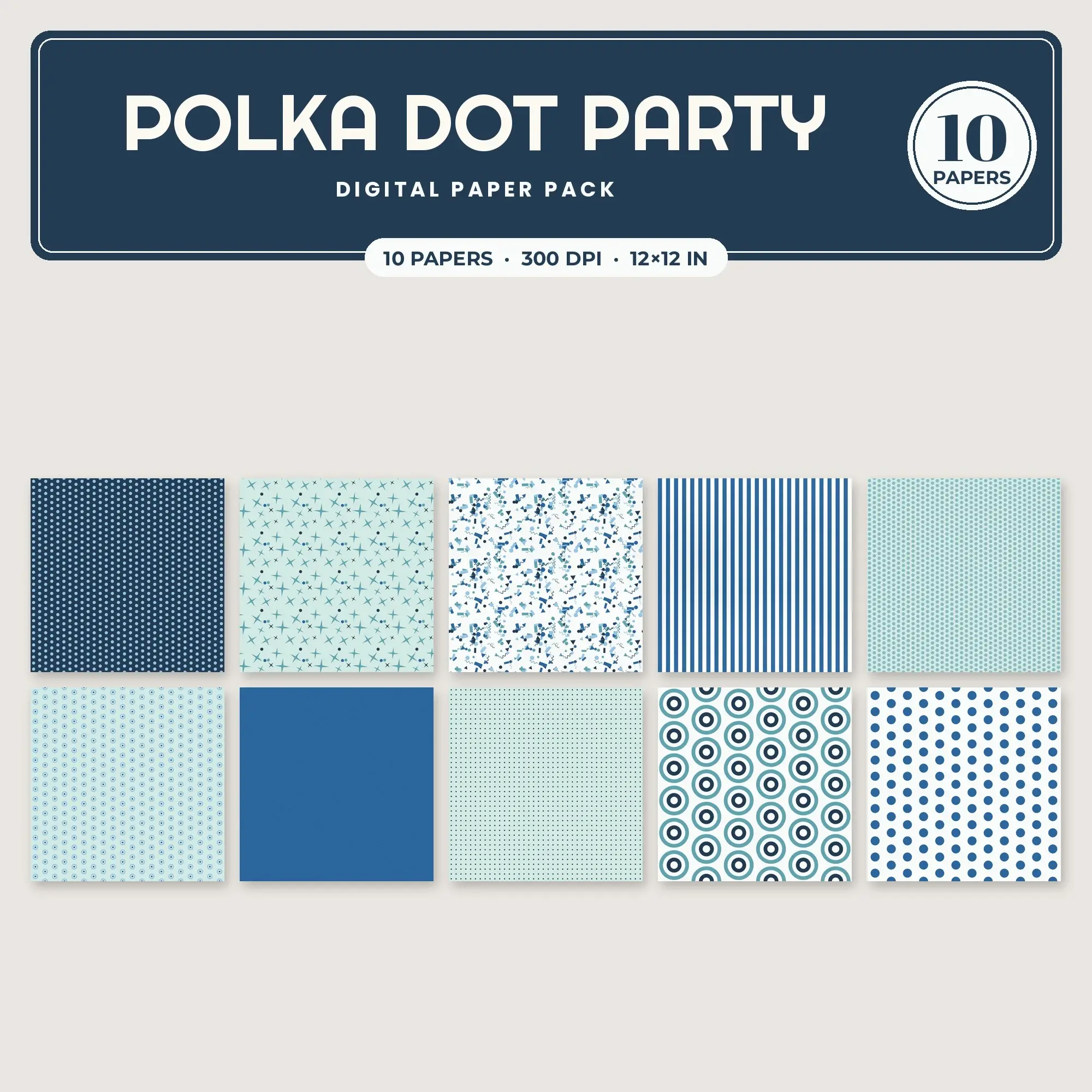 10 Ocean Blue Polka Dot Party Seamless Patterns – Digital Paper, preview 1 of 2