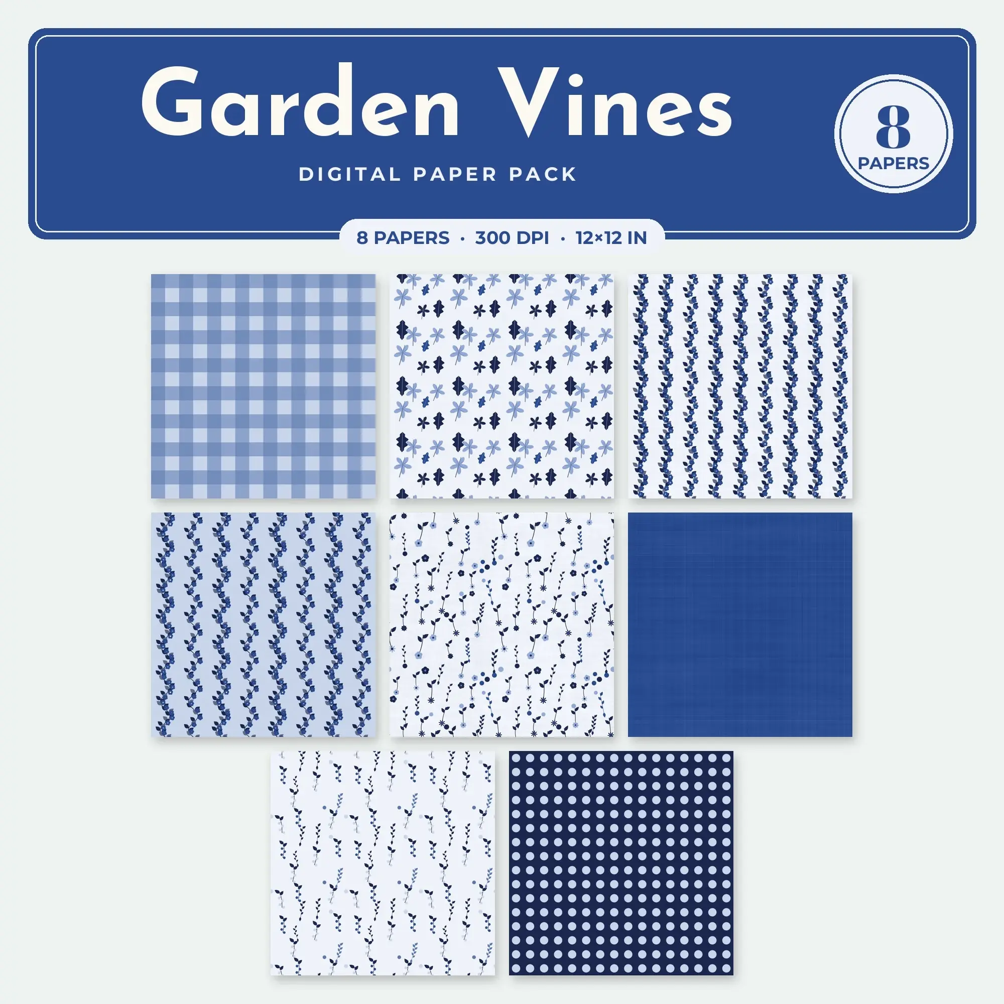 Indigo & Cornflower Garden Vines Digital Paper Pack – 8 Seamless Patterns preview