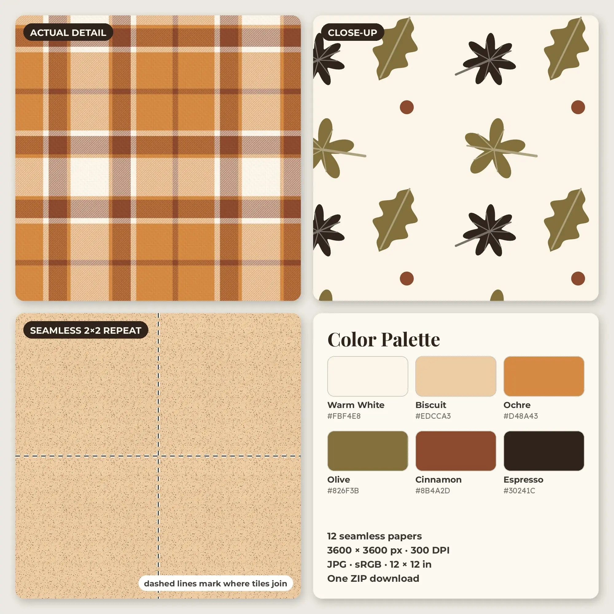 Ochre Autumn Leaves Seamless Digital Paper Pack, 12 Papers 12x12, preview 2 of 2