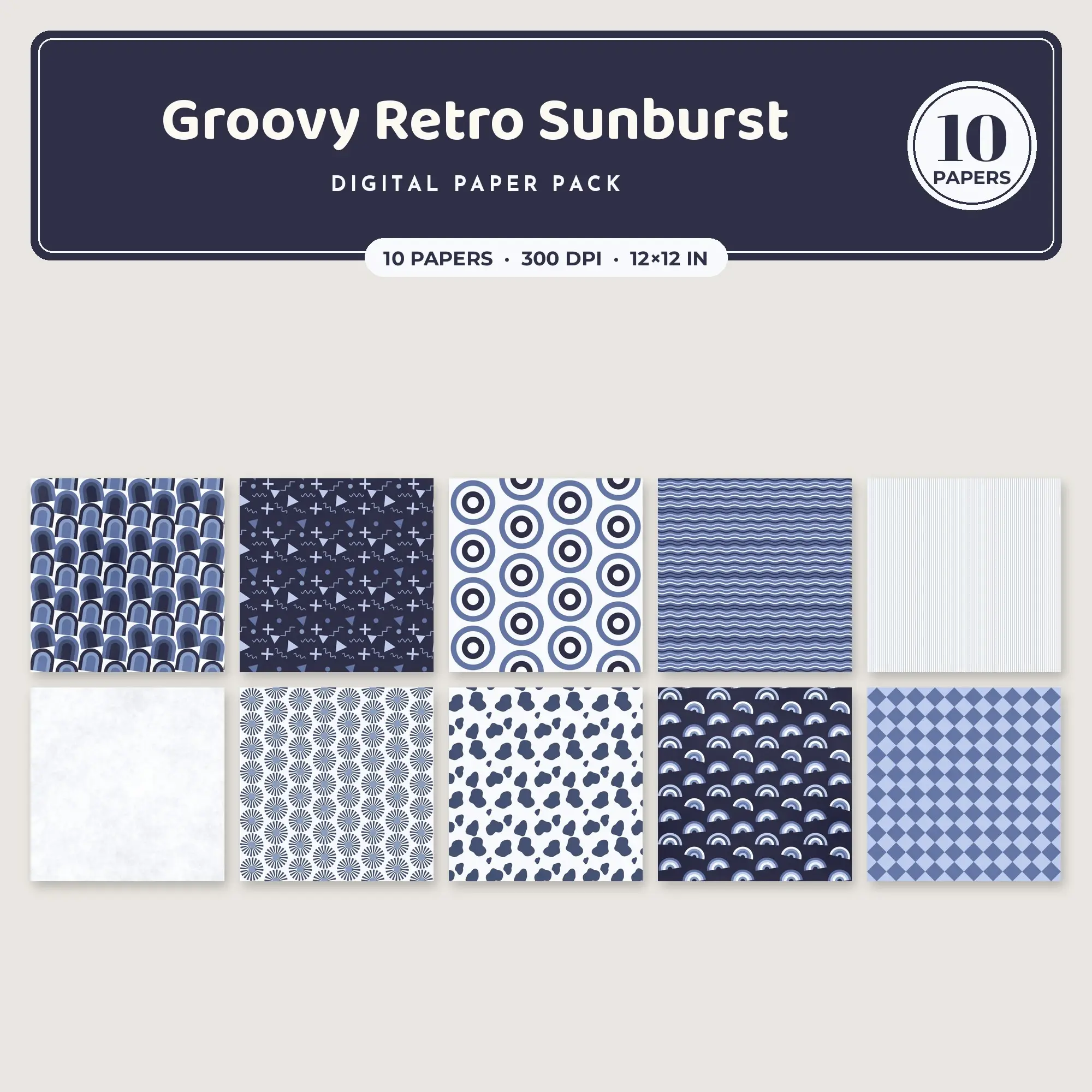 Groovy Retro Sunburst Seamless Pattern Papers in Powder Blue and Dusty Blue – 10 Pack preview